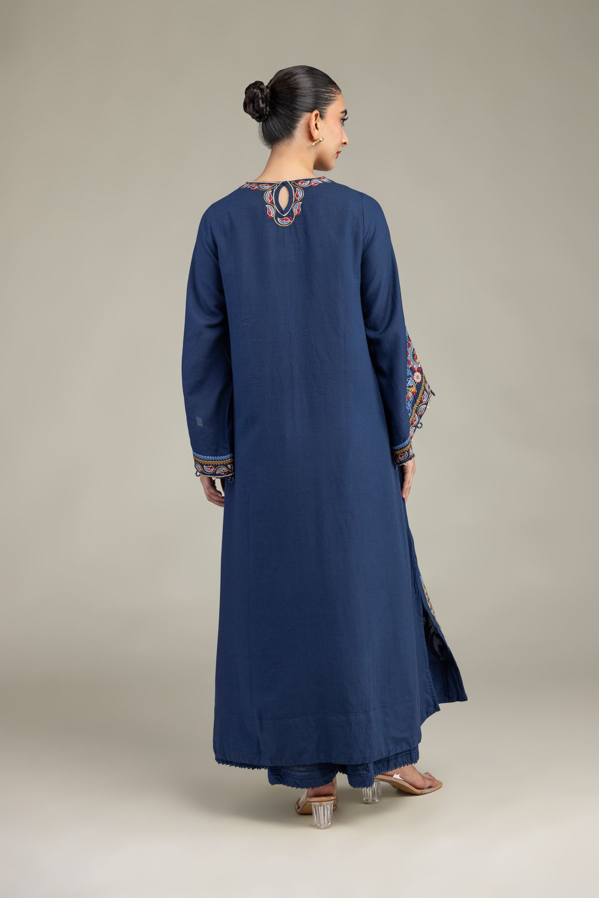 Embroidered Raw Silk Floral Navy Kurta - 1-26-245-A-D2-VG