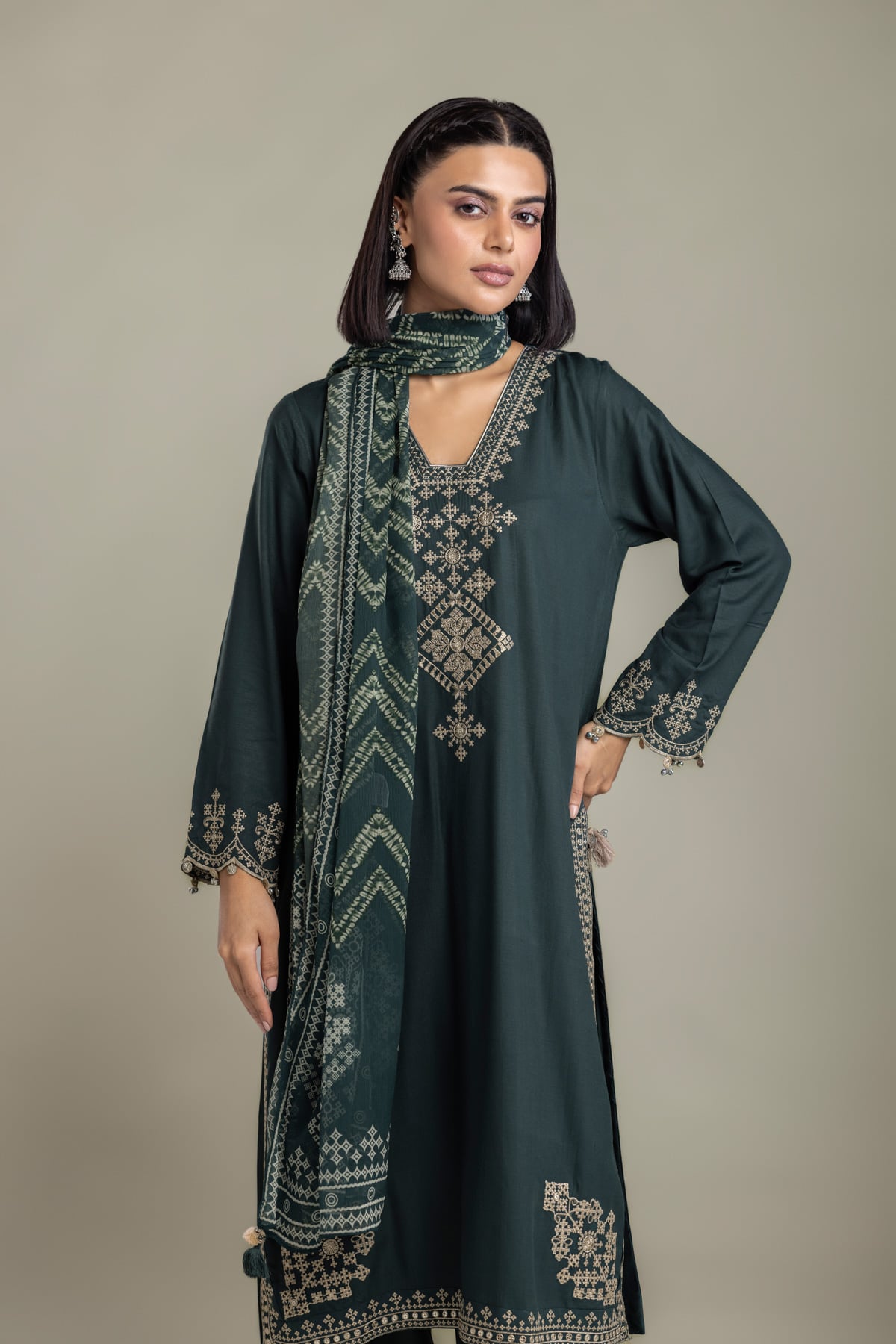 Embroidered Raw Silk 3-Piece Tailored Set - 1-26-408-A-B1-VG