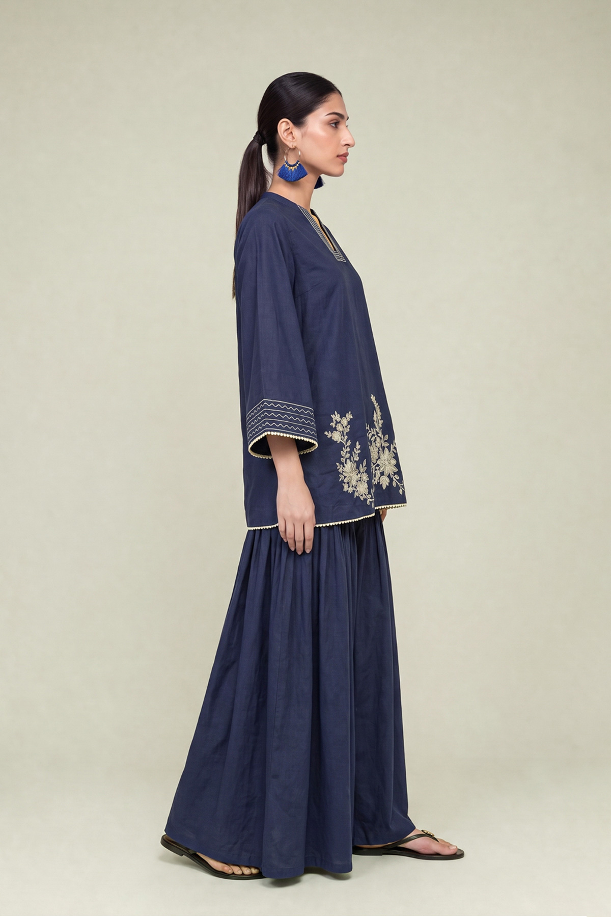 Embroidered Cambric Floral Navy Kurta - 12-26-301-A-E1-VG