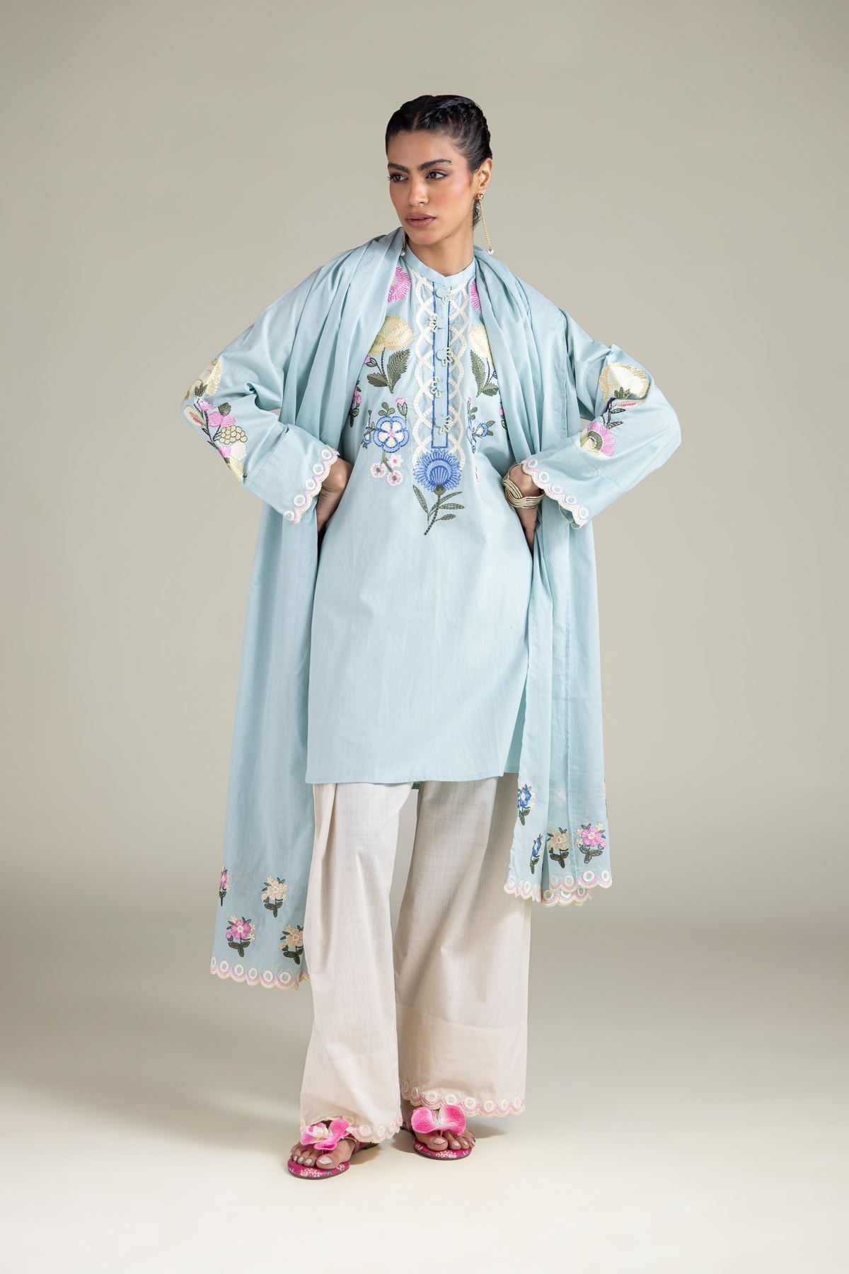 Embroidered Textured Cotton Floral Draped Dupatta - 1-26-108-A-C-VG