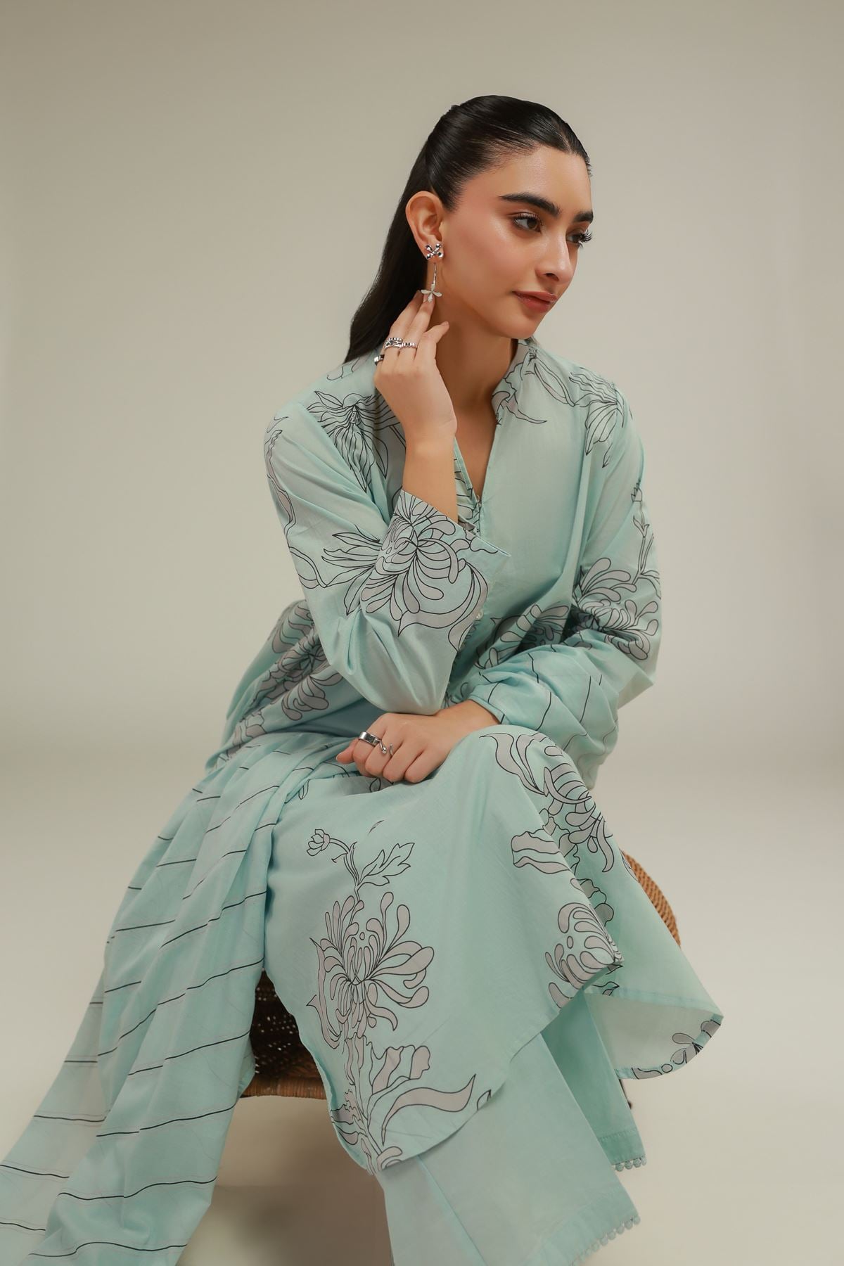 Cambric Floral Mint Kurta - 1-26-128-A-A-VG