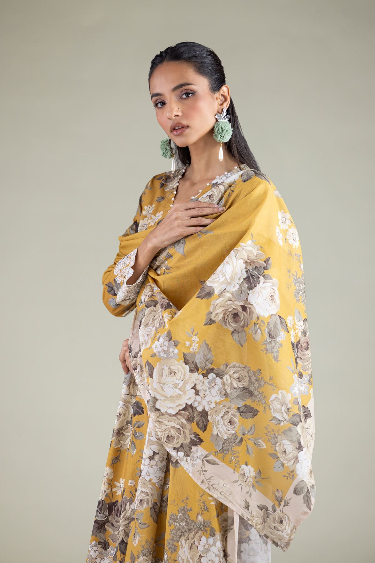 Embroidered Lawn Floral Draped Dupatta - 1-26-111-C-G-VG