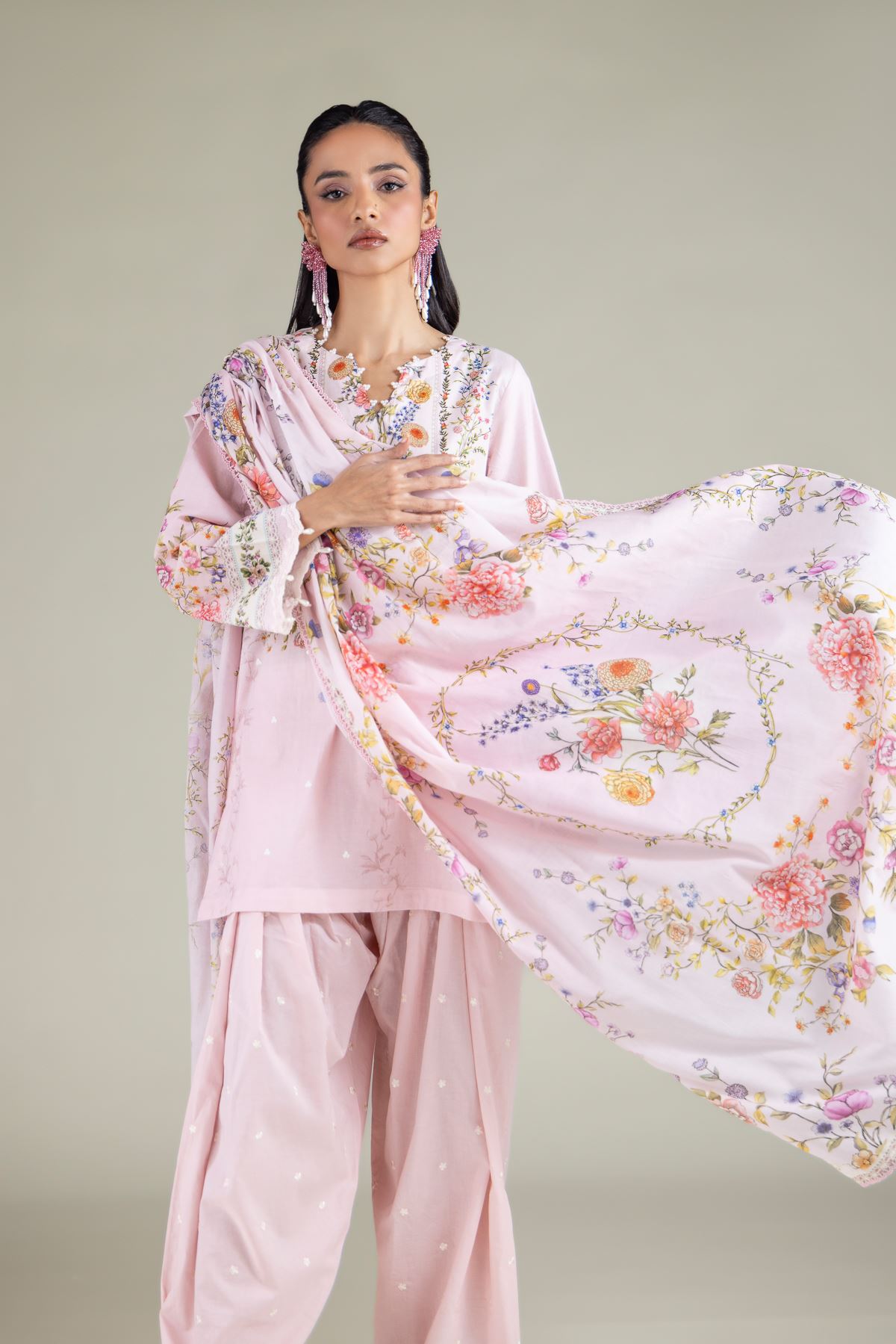 Embroidered Lawn Floral Lace Dupatta - 1-26-111-A-F-VG