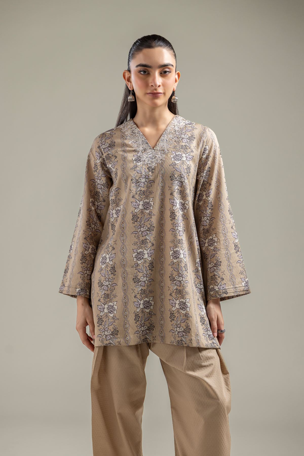 Embroidered Cotton Dobby Beige V-Neck Kurta - 1-26-142-A-B-VG