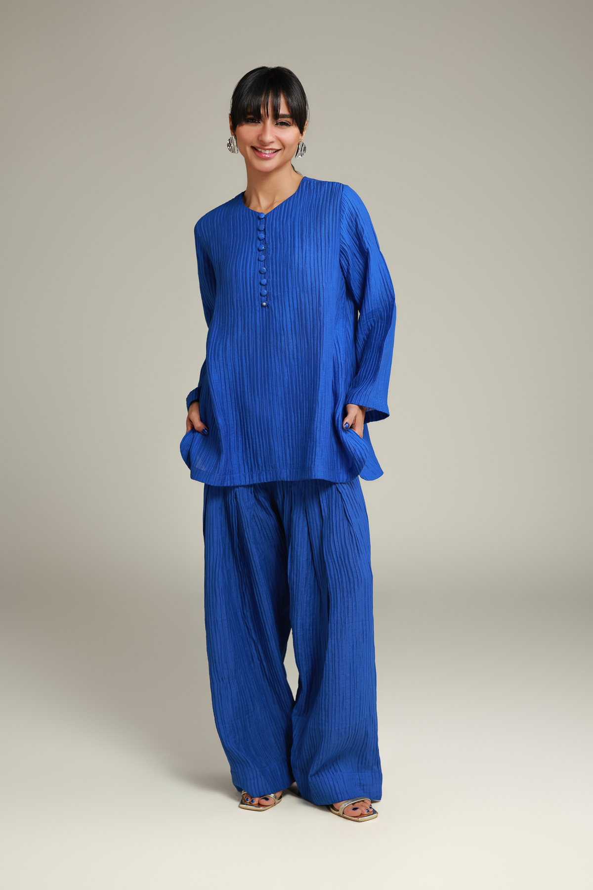 Dyed Blended Crinkle Short Blue Kurta - T-A112-26-103EF2-VG