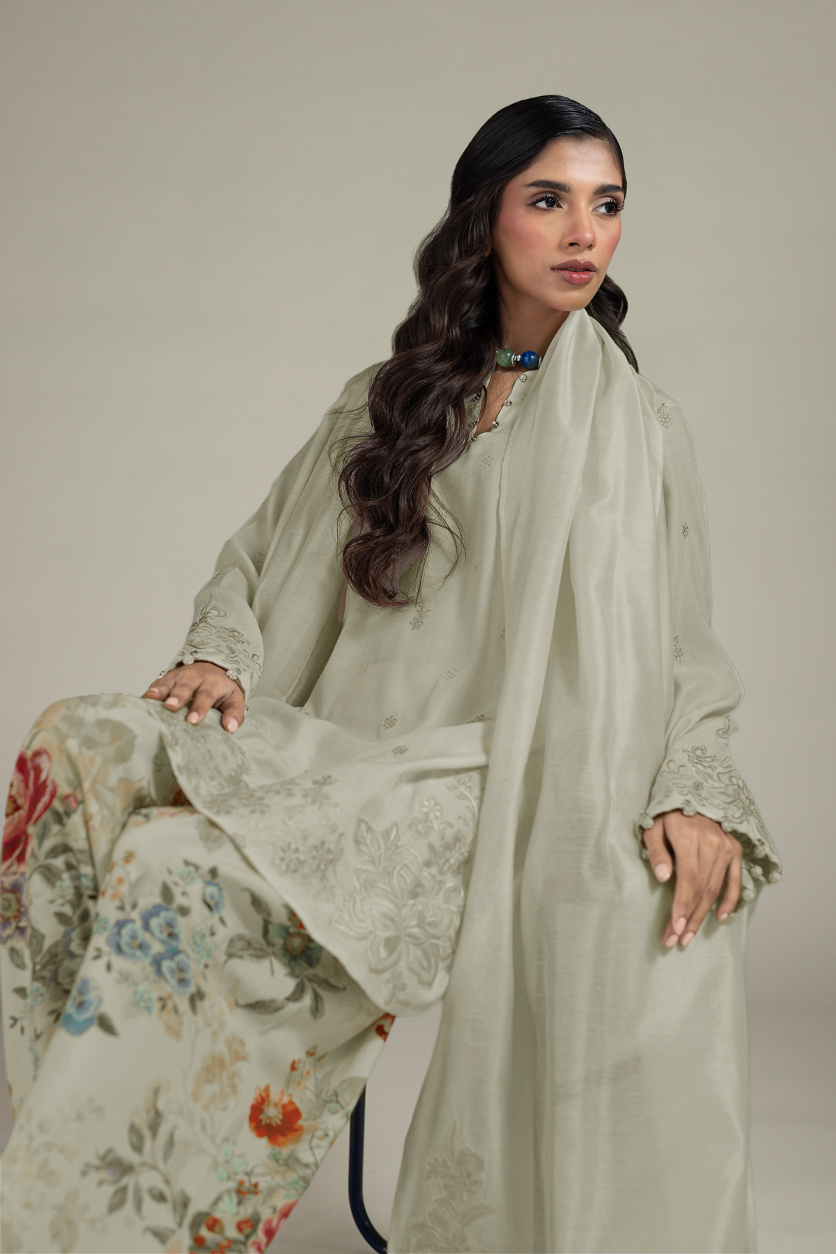 Embroidered Raw Silk Tailored Silk Suit - 1-26-142-A-F-VG
