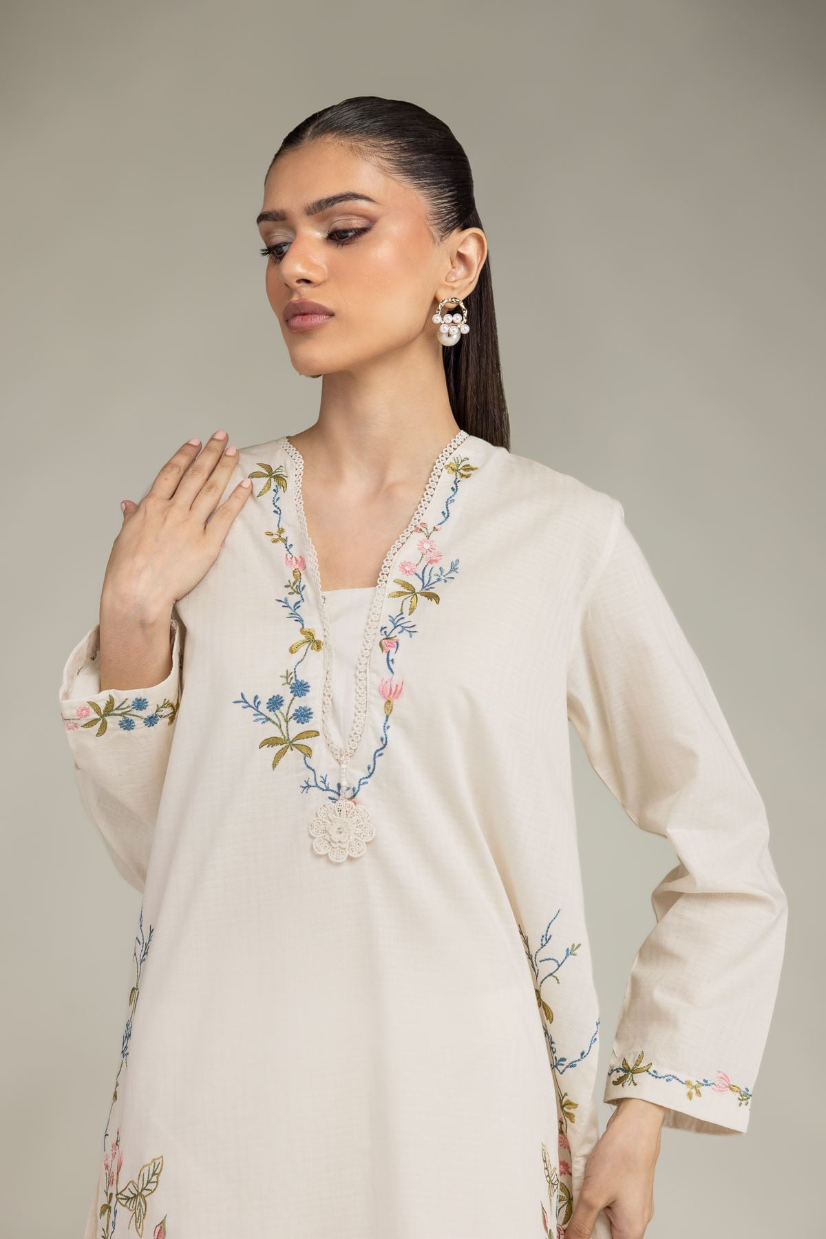 Embroidered Cotton Dobby Cotton V-Neck Kurta - 1-26-203-A-C1-VG
