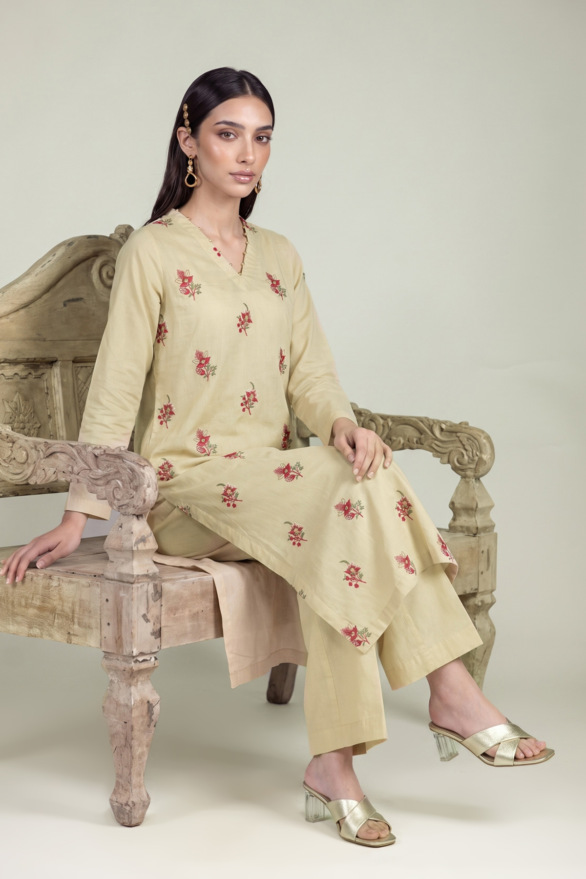Embroidered Cambric Beige Cambric Kurta - 1-26-102-A-F-VG