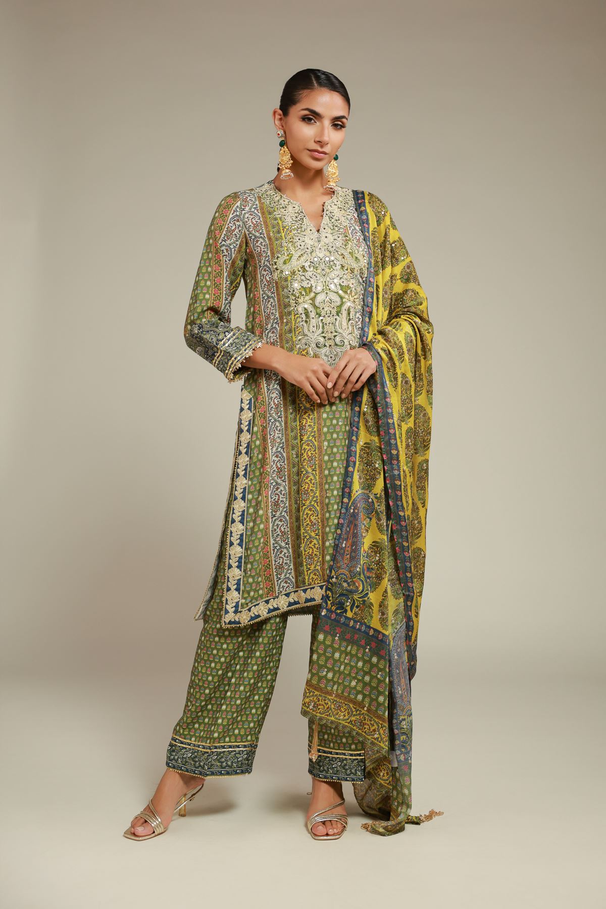 Embroidered Raw Silk 3 Piece Co-ord Set - 25-11-12S2-10TA-VG