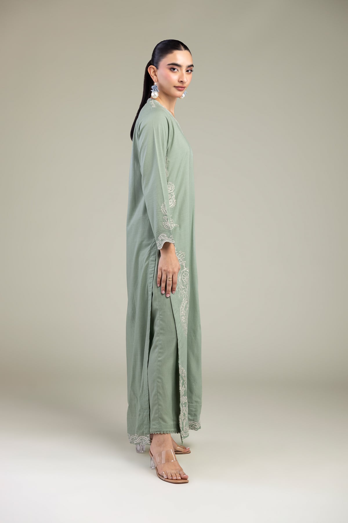 Embroidered Raw Silk Mint Silk Pants - 1-26-102-A-F-VG
