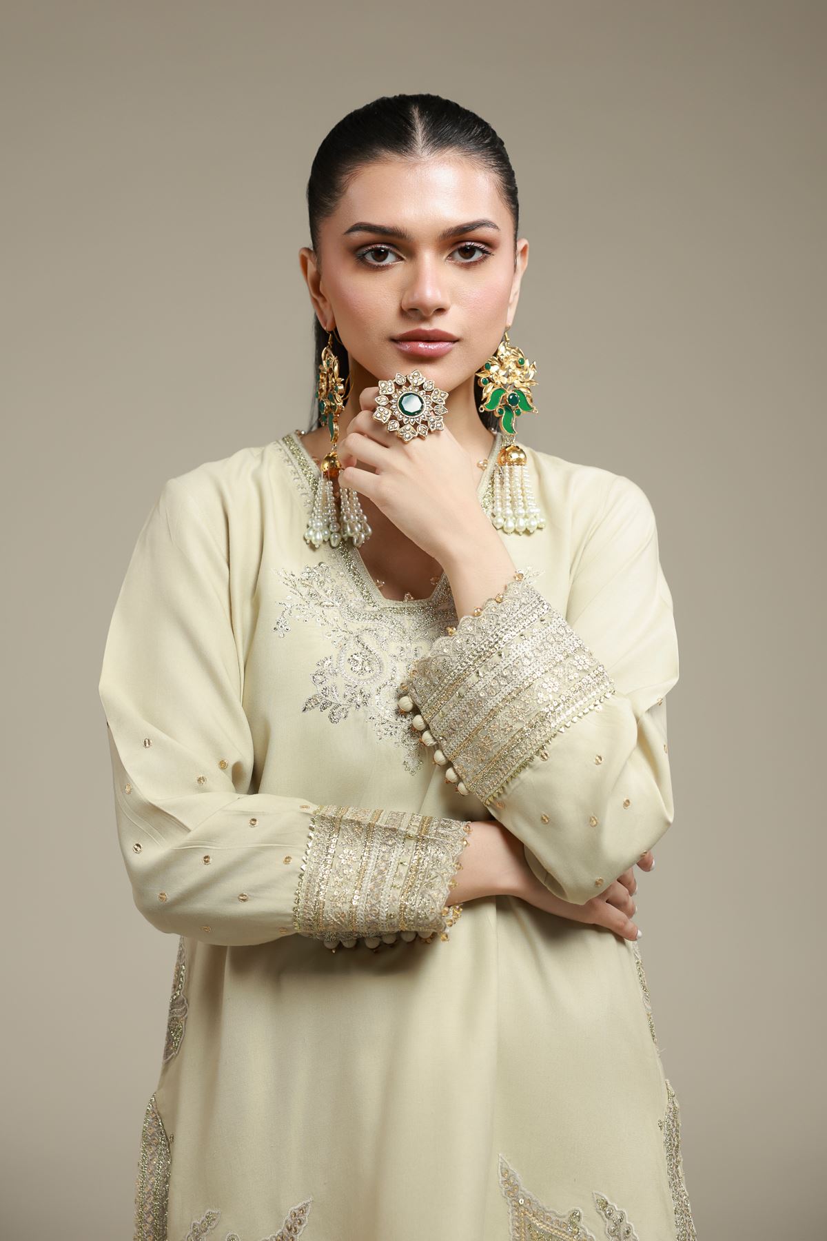 Embroidered Raw Silk 2 Piece Co-ord Set | Top and Bottom - A33-26-106FC-VG