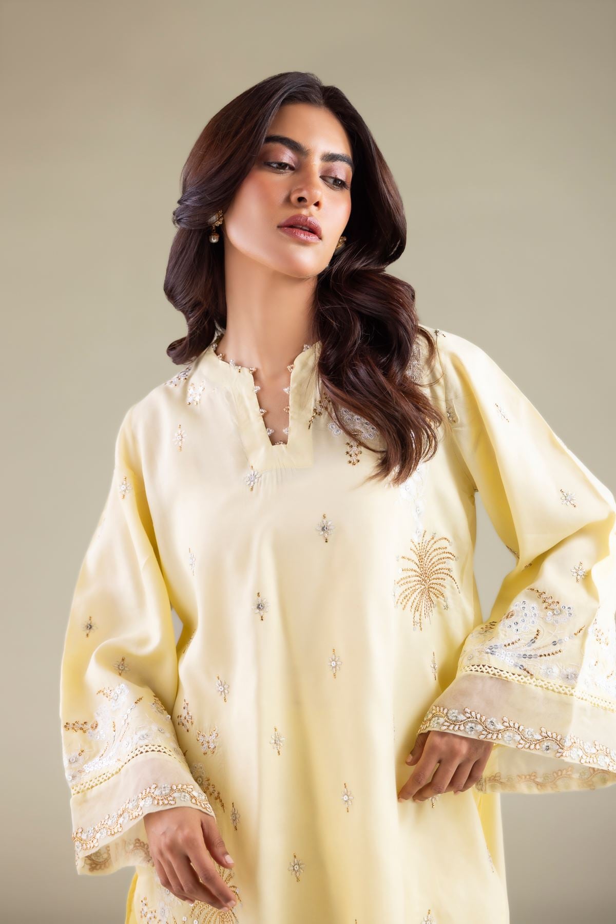 Embroidered Raw Silk Embellished V-Neck Kurta - 2-26-110-A-E-VG
