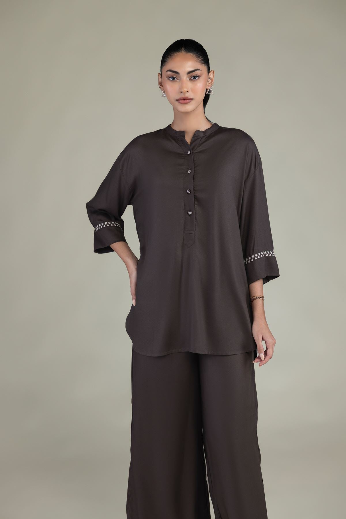 Embroidered Viscose Crepe Brown Viscose Shirt - 1-26-102-A-F-VG
