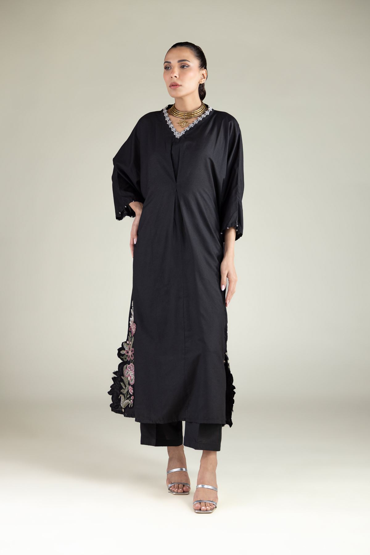 Embroidered Raw Silk Floral Longline Kurta - 2-26-108-F-D-VG