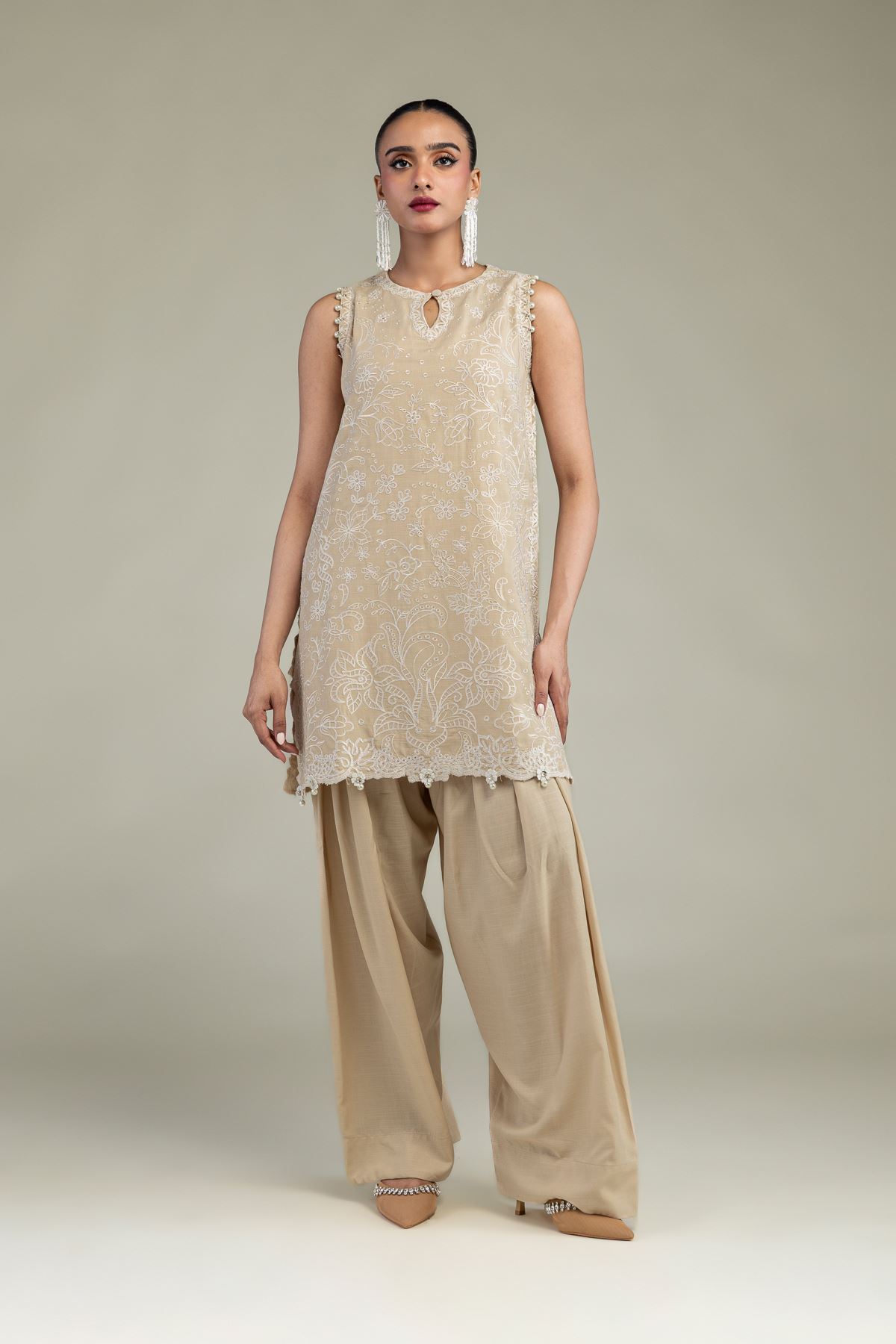 Embroidered Raw Silk Beige Sleeveless Kurta - 2-26-304-C-G1-VG