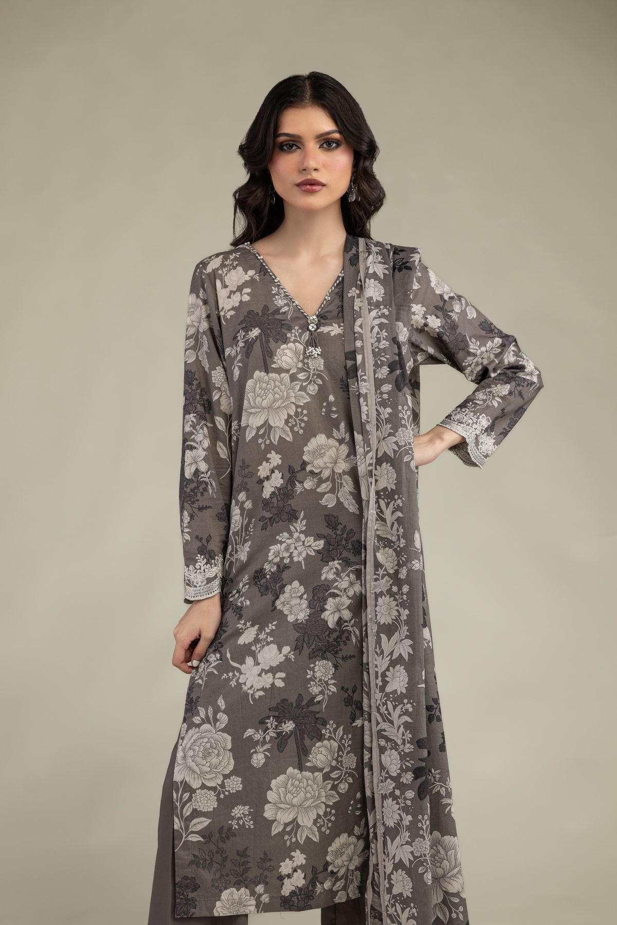Embroidered Lawn Gray Lawn Dupatta - 1-26-244-C-H2-VG