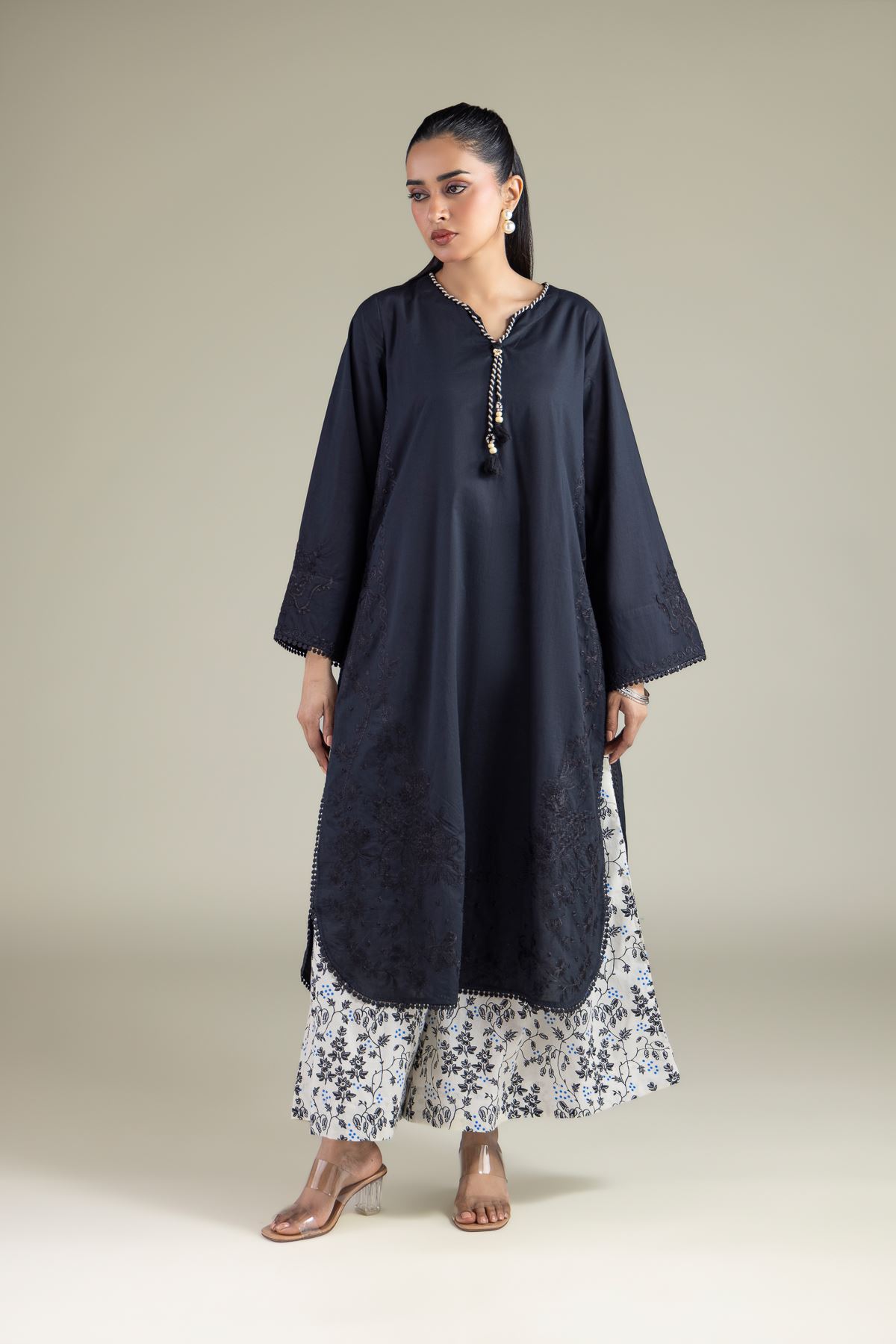 Embroidered Cambric V-Neck Longline Kurta - 2-26-103-A-C-VG