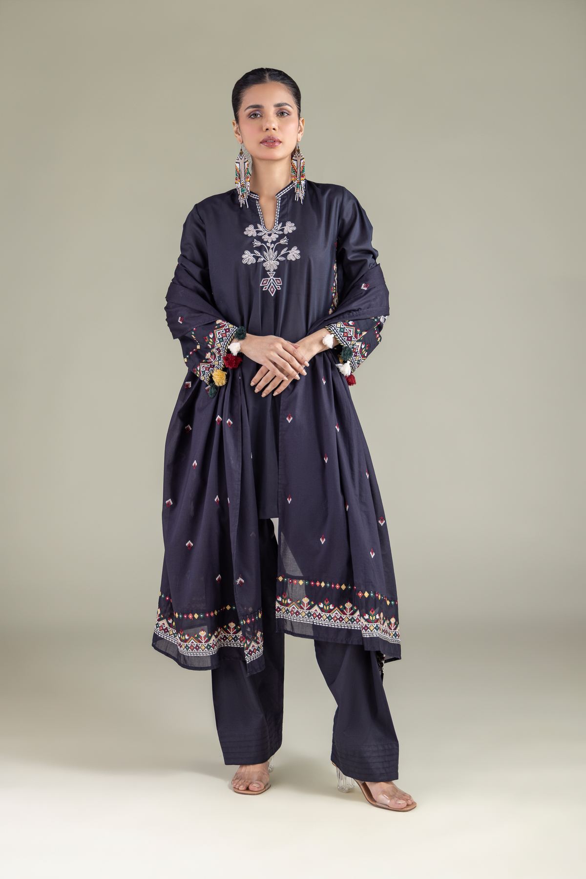 Embroidered Lawn Draped Geometric Dupatta - 1-26-127-A-E-VG