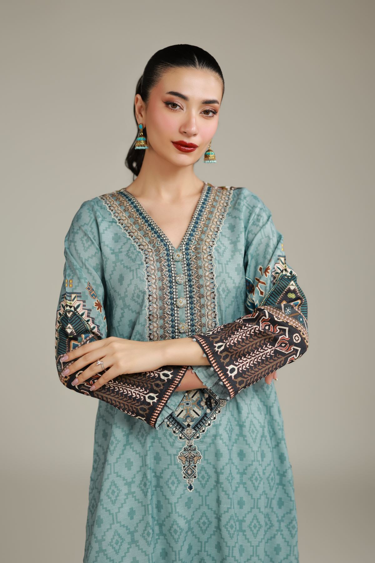 Embroidered Raw Silk Teal Longline Kurta - 1-26-101-A-D-VG