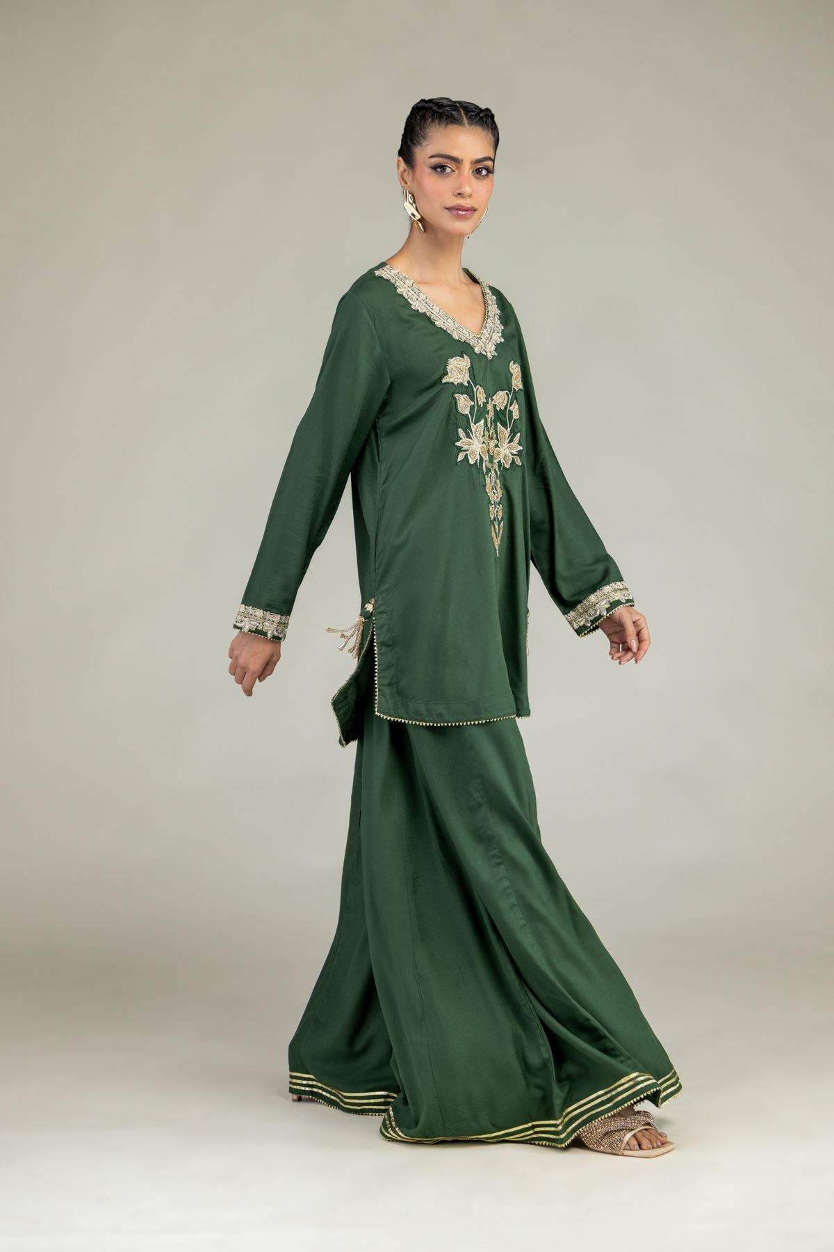Embroidered Raw Silk Green Silk Pants - 2-26-203-A-C1-VG