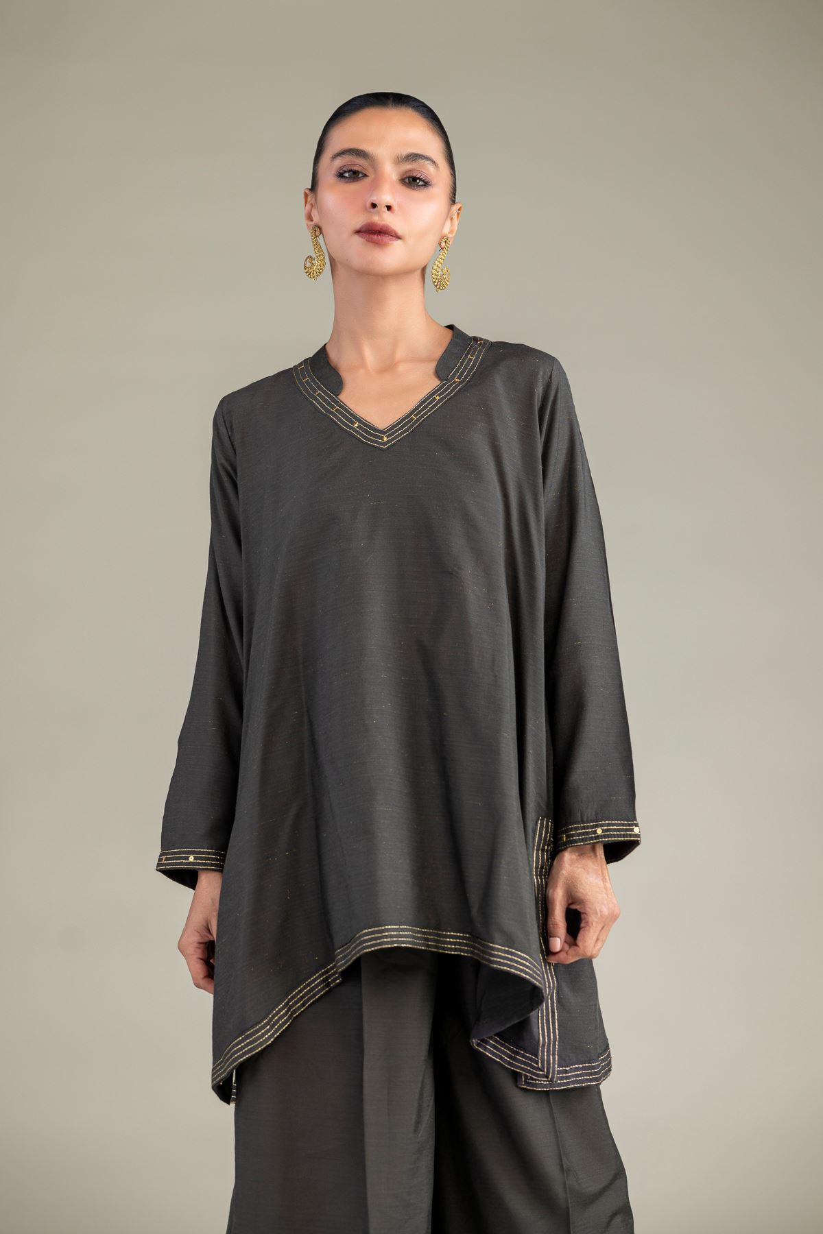 Dyed Mesuri Silk V-Neck Longline Kurta - 8-26-303-A-B1-VG