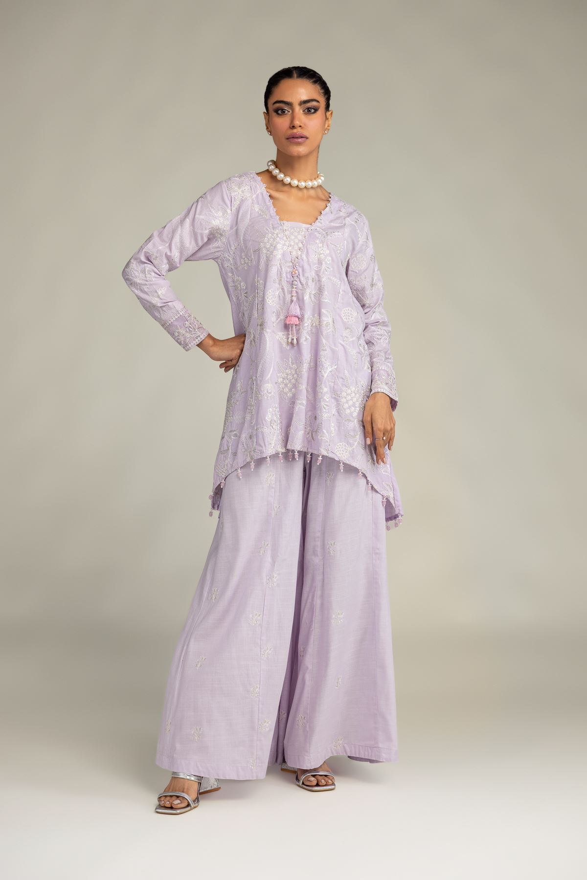 Embroidered Raw Silk Floral Lavender Kurta - 1-26-322-B-A1-VG