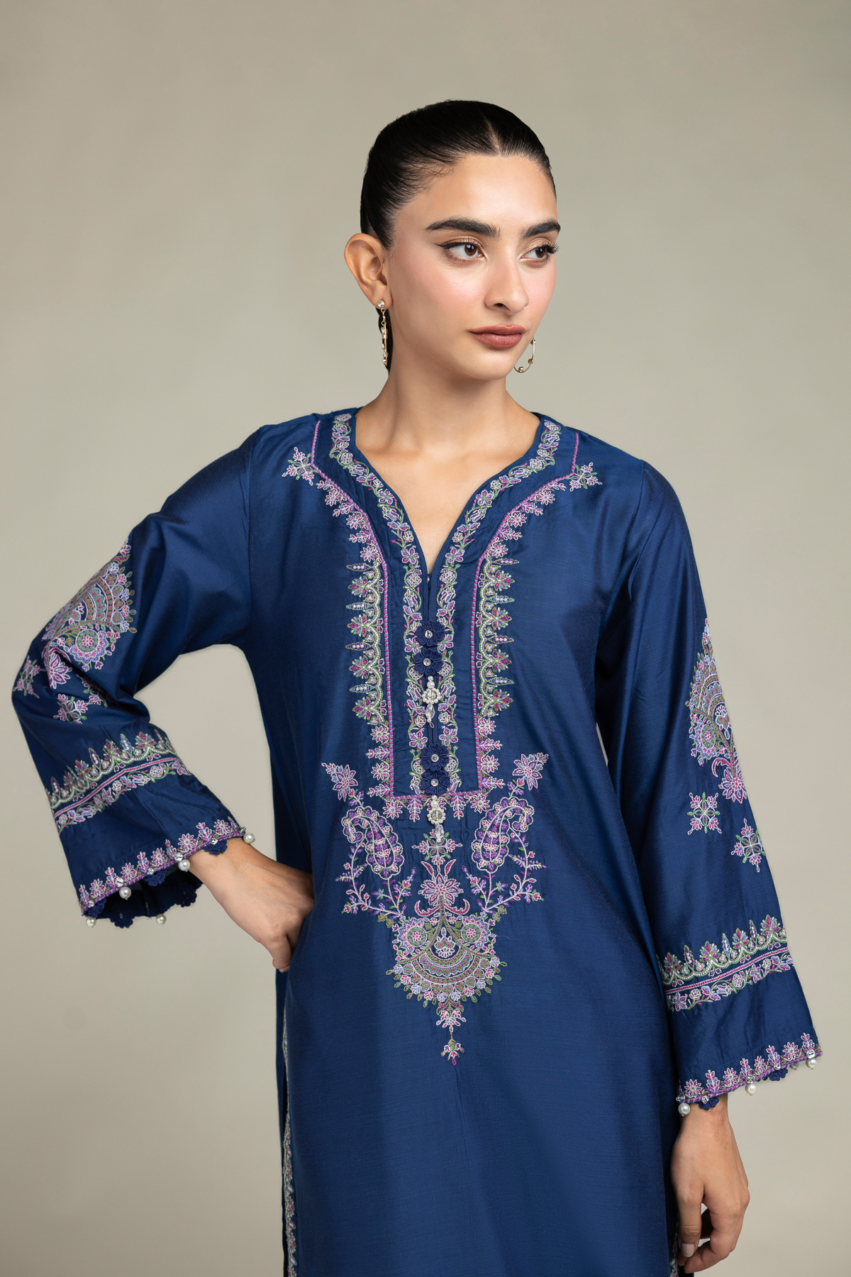 Embroidered Raw Silk Navy Longline Kurta - 1-26-249-A-J2-VG