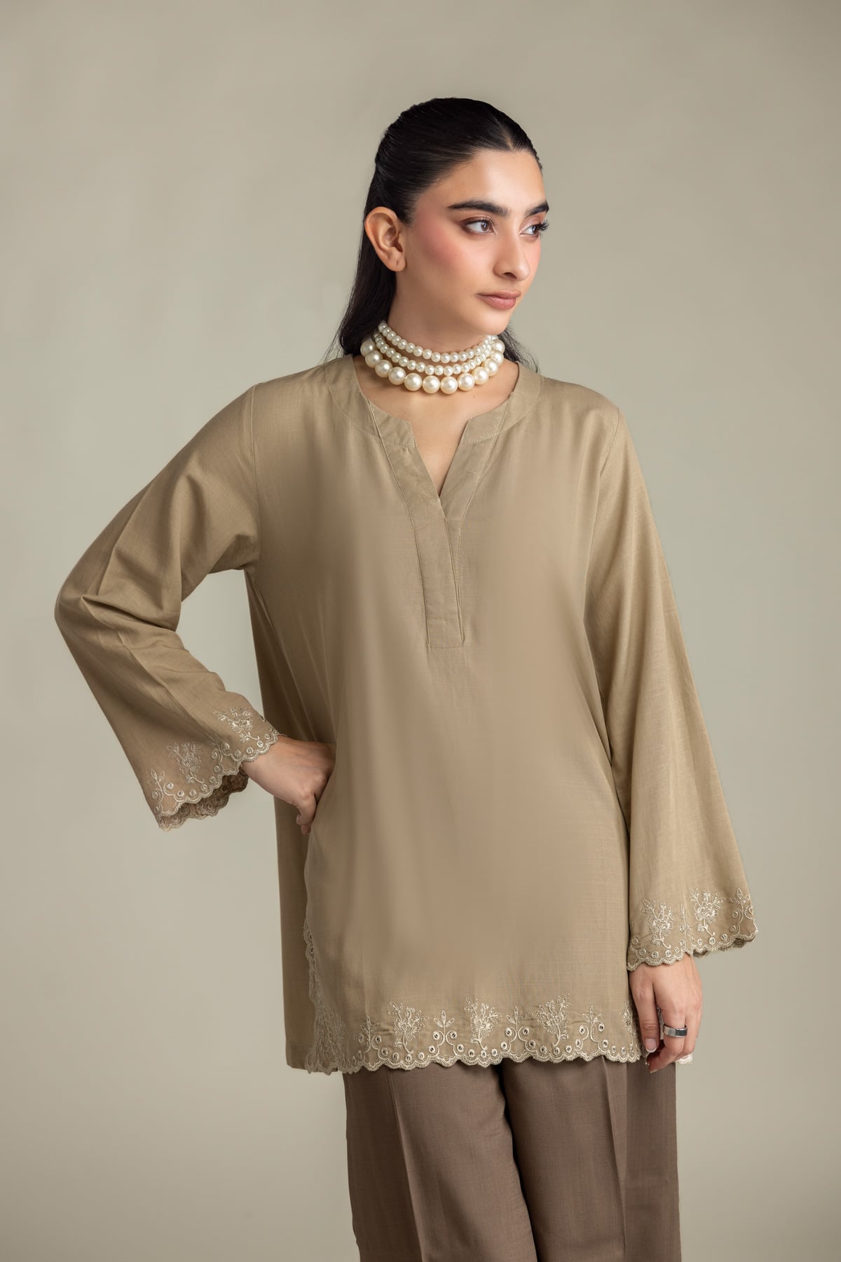 Embroidered Raw Silk V-Neck Beige Kurta - 2-26-418-A-H1-VG