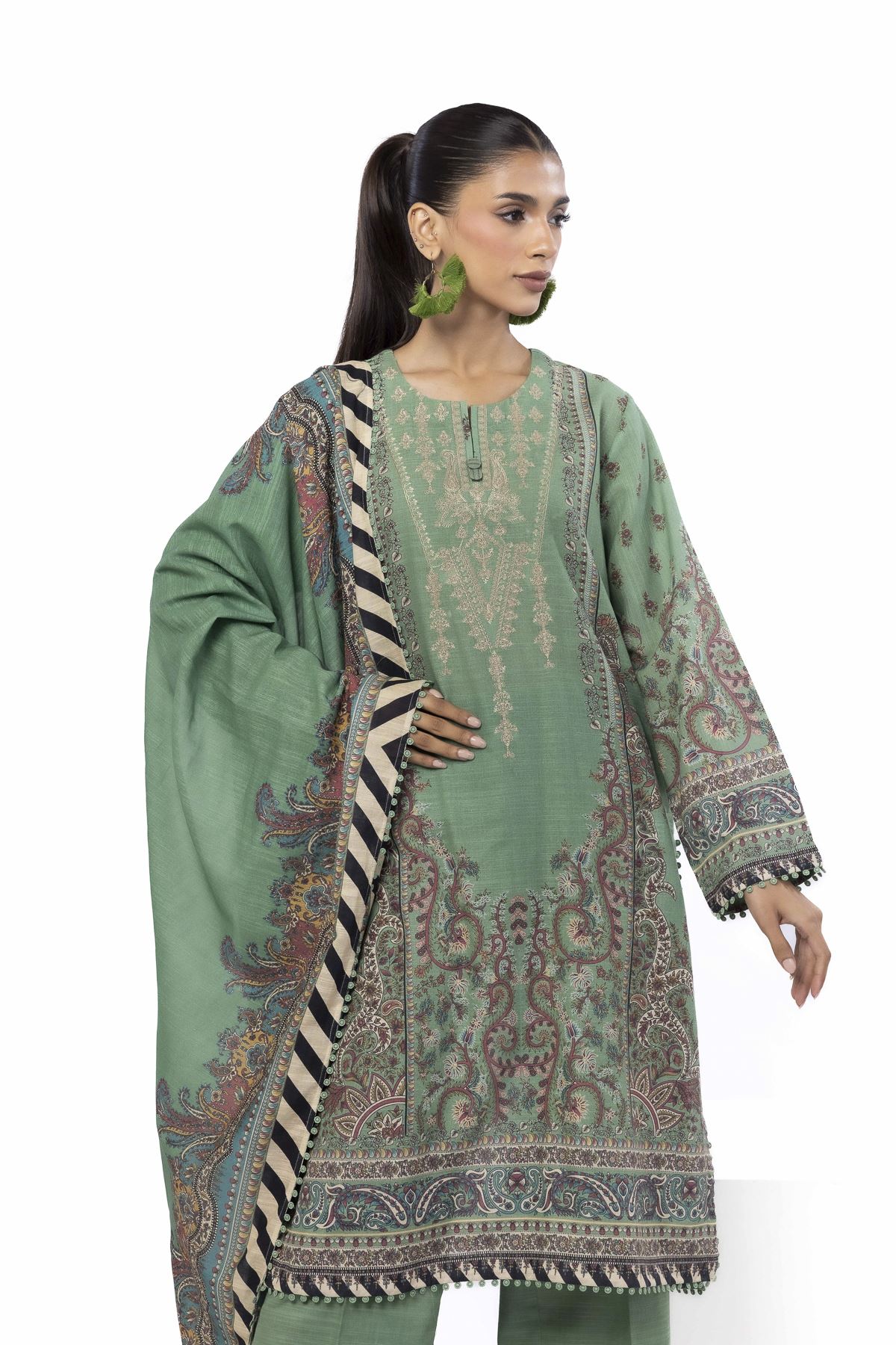 Embroidered Slub Cotton Fabrics 3 Piece - 1001908344