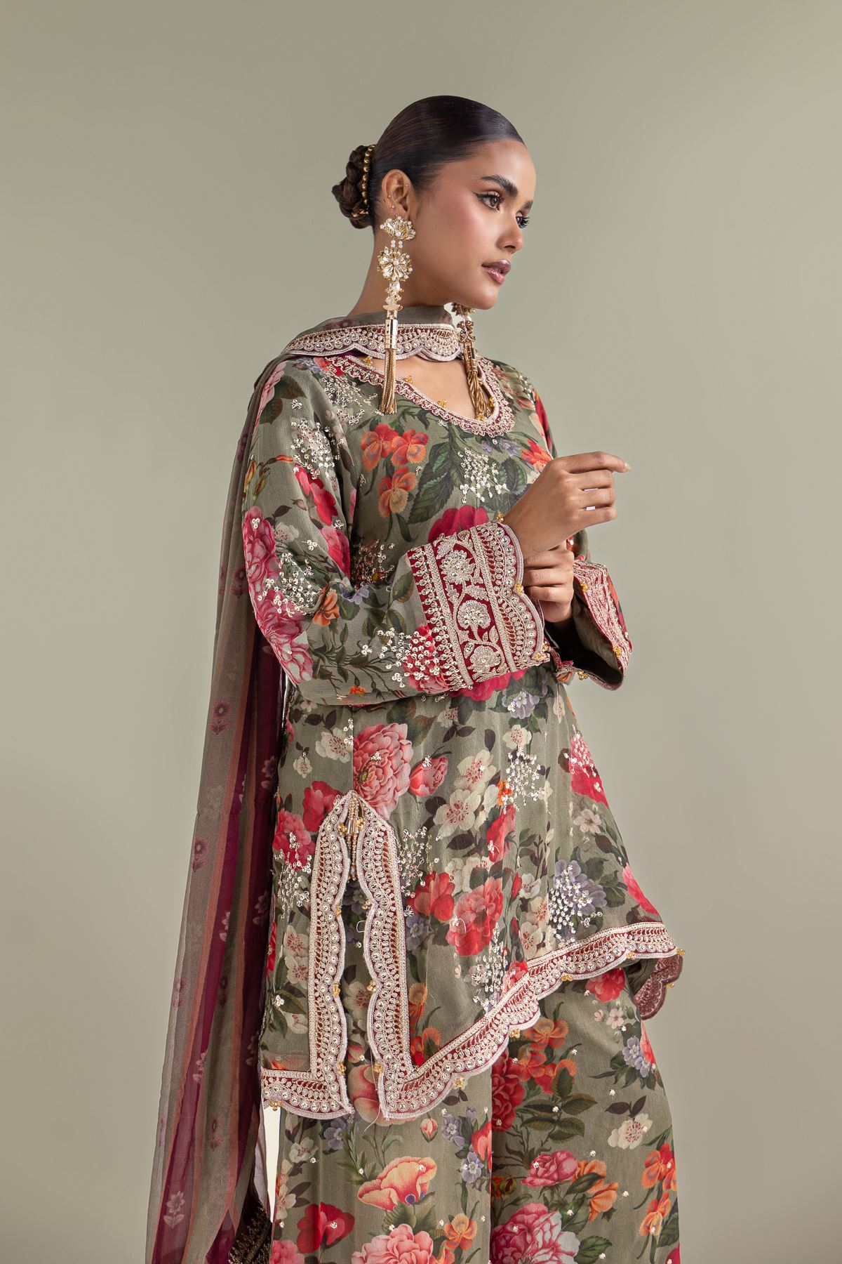 Embroidered Chiffon Floral 3-Piece Co-ords - 12-26-101-E-G-VG