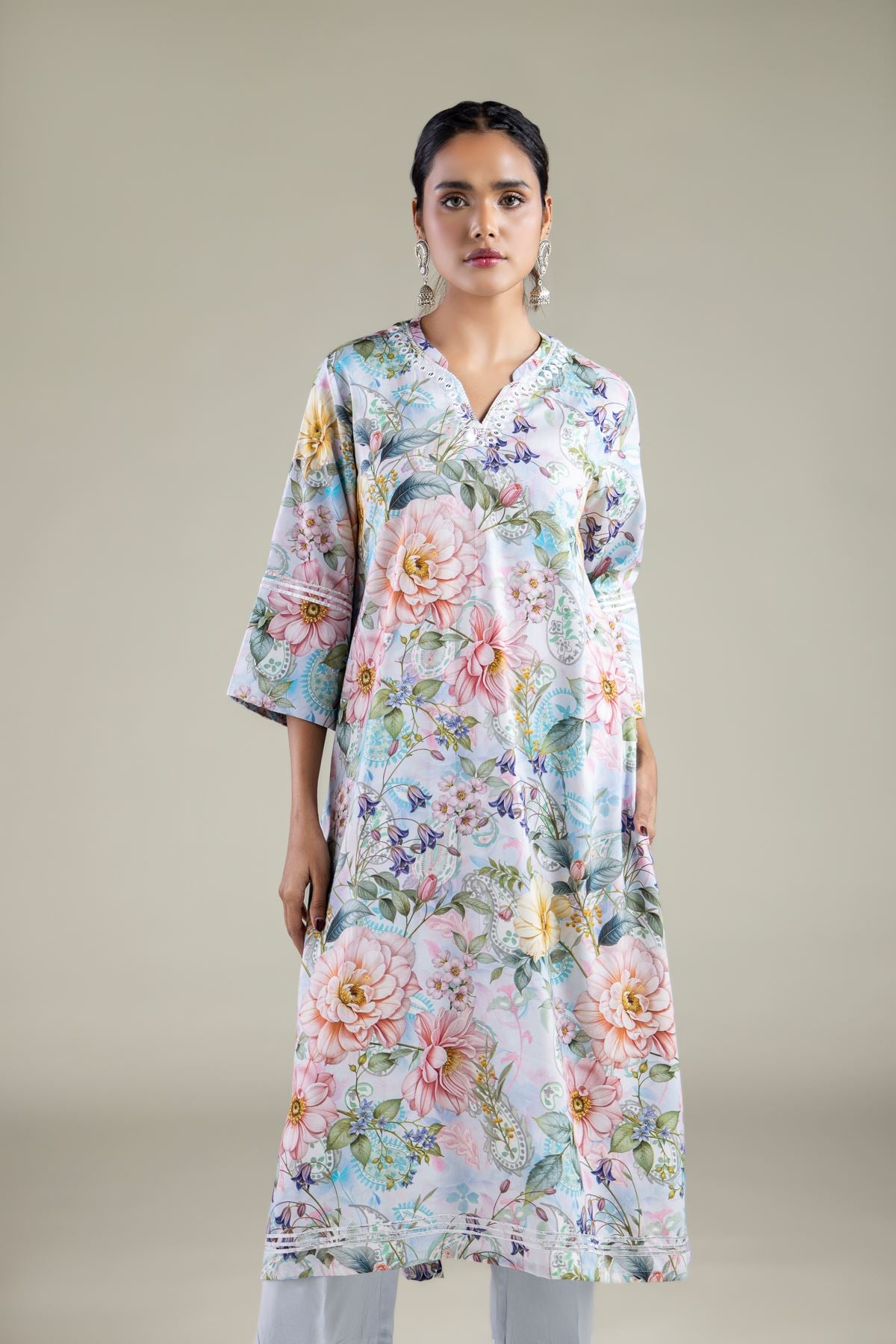 Embroidered Viscose Long Floral Kurta - 2-26-102-A-A-VG