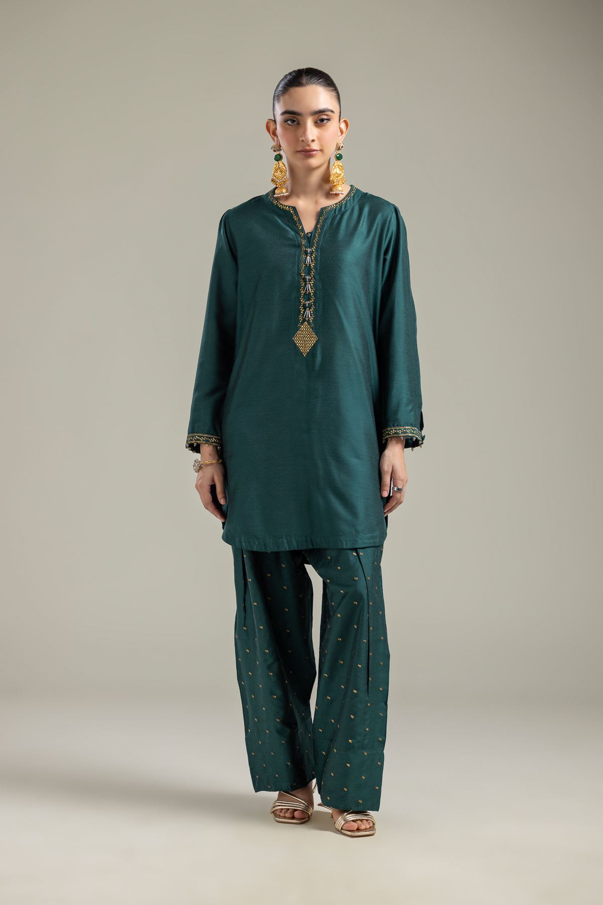 Raw Silk Green V-Neck Kurta - 2-26-107-A-F-VG