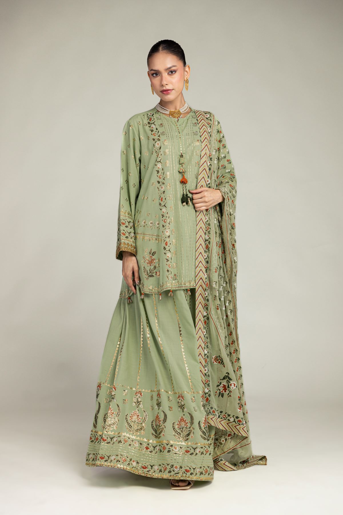 Embroidered Raw Silk 3 Piece Co-ord Set - 1-26-203-A-H1-VG