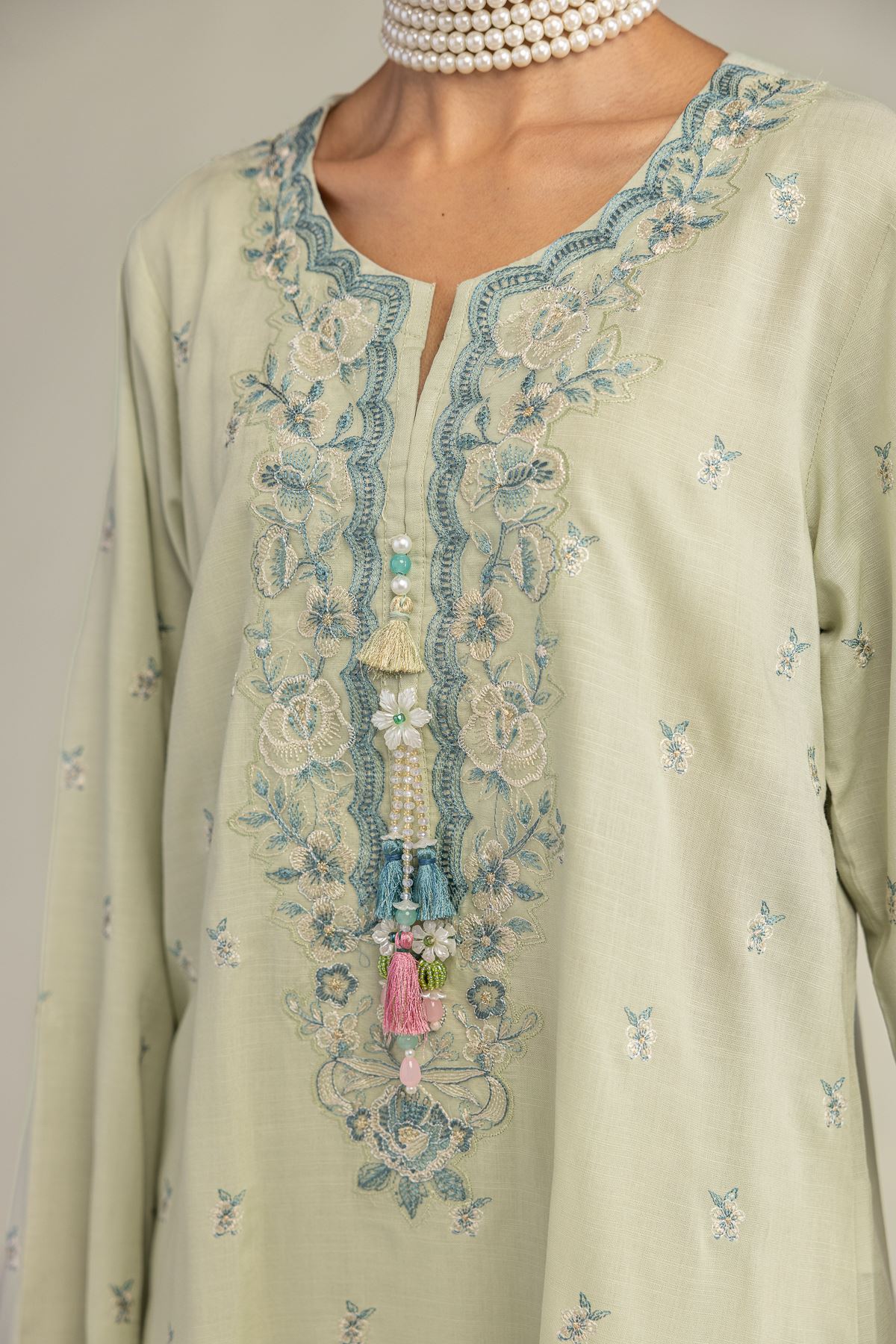 Embroidered Raw Silk Floral Mint Kurta - 2-26-306-A-D1-VG