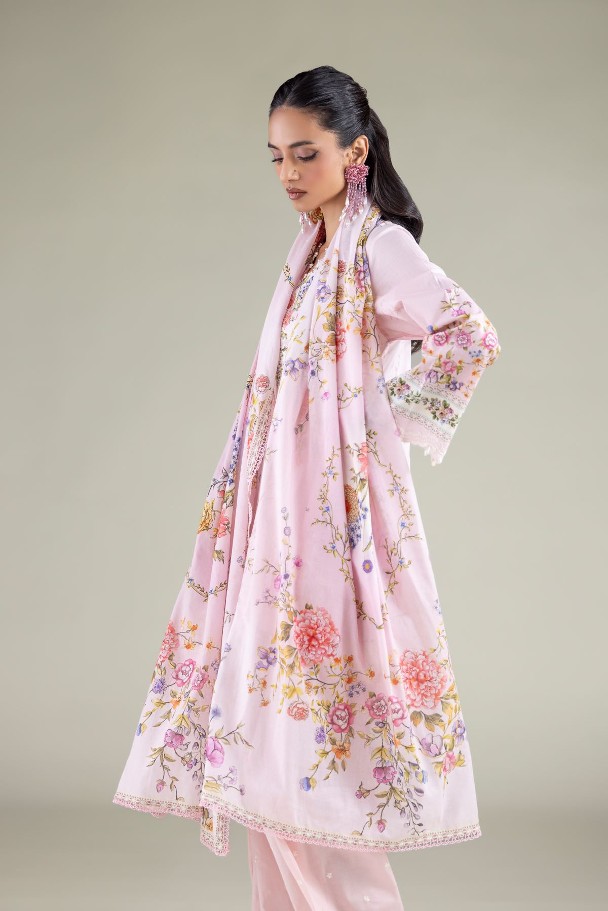 Embroidered Lawn Floral Lace Dupatta - 1-26-111-A-F-VG