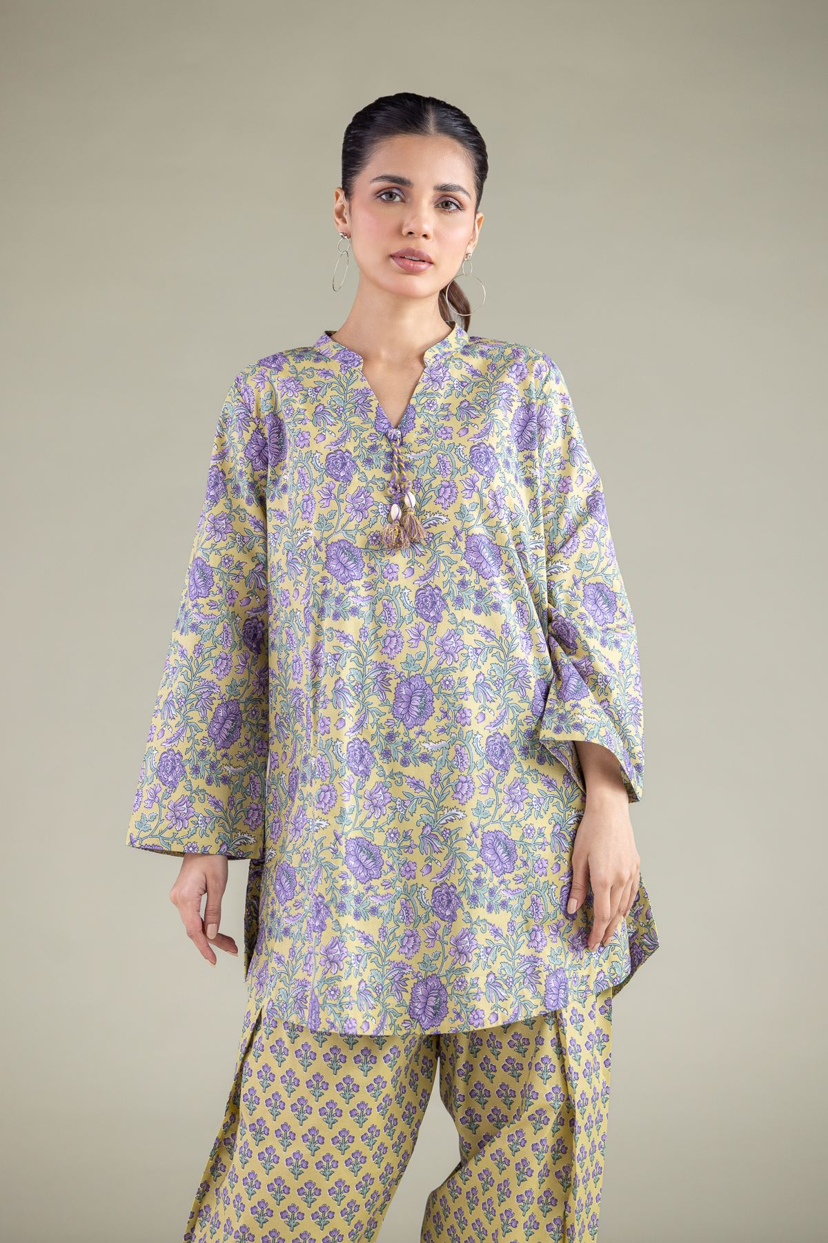 Printed Cambric Floral Band-Collar Kurta - 1-26-144-B-A-VG
