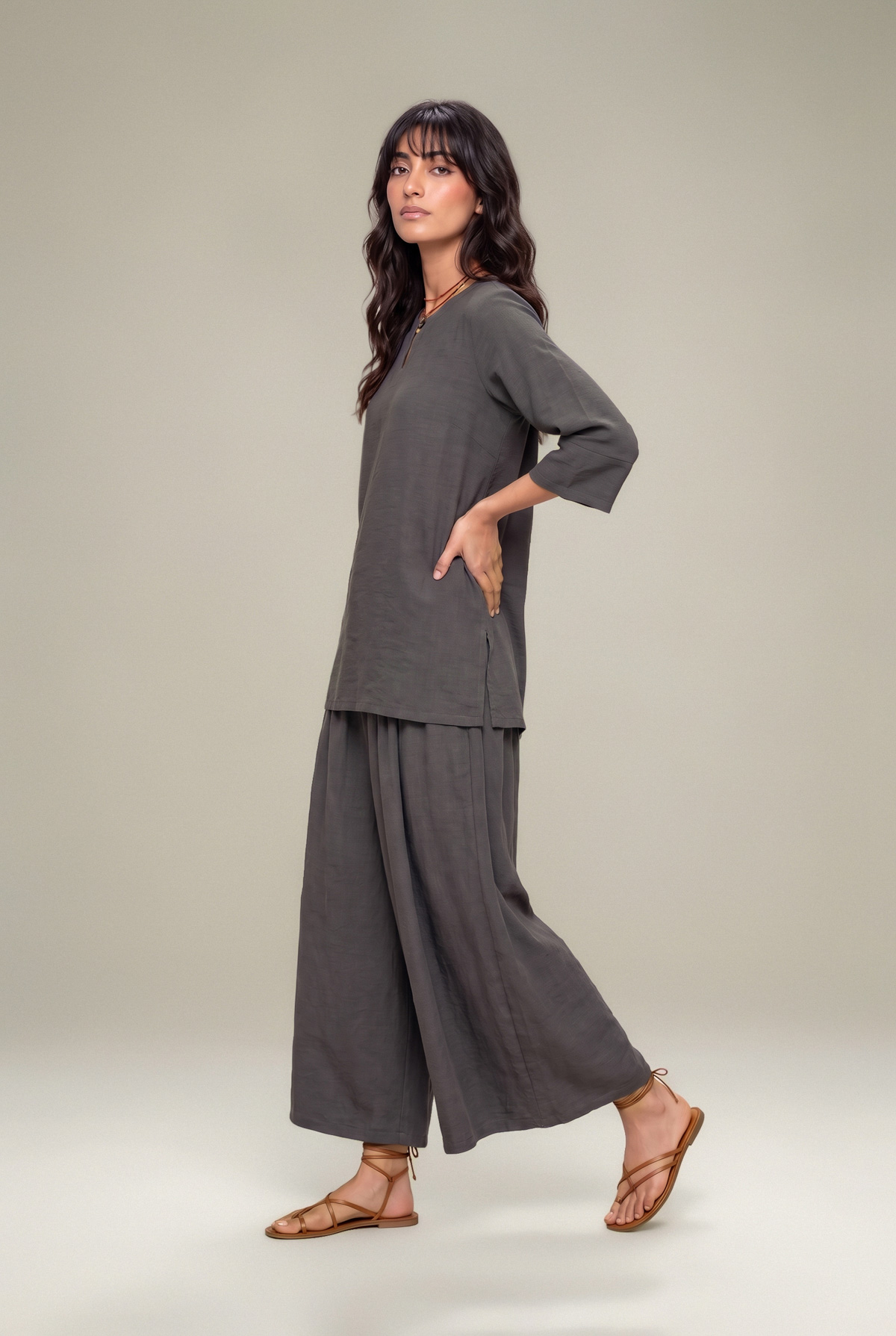 Dyed Textured Georgette Gray Solid Trousers - 14-26-302-A-I1-VG