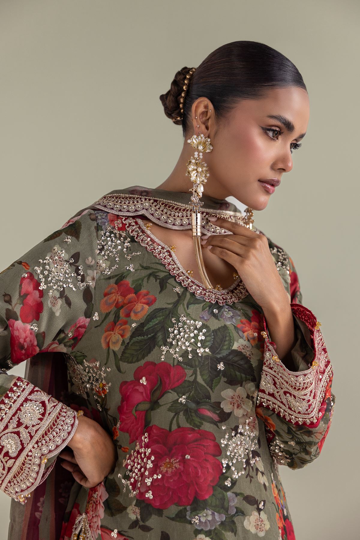 Embroidered Chiffon Floral 3-Piece Co-ords - 12-26-101-E-G-VG