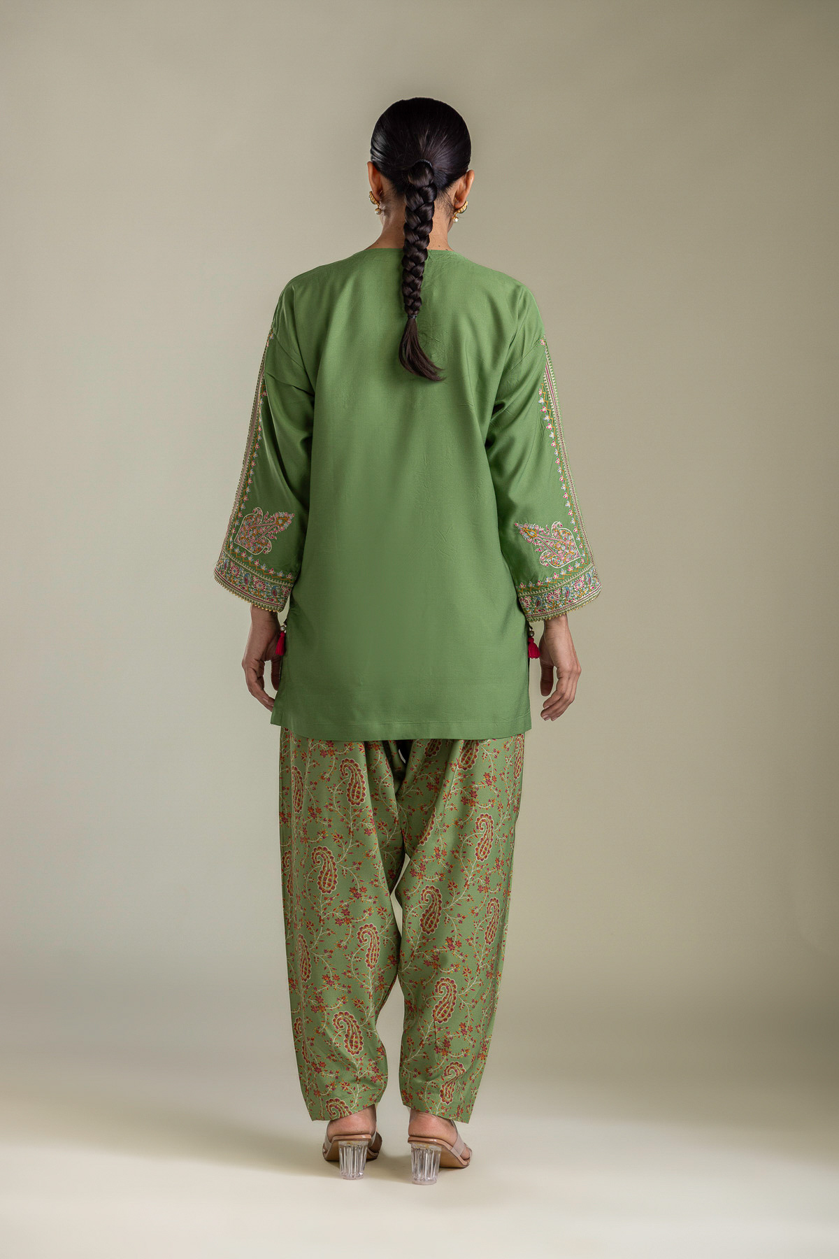 Embroidered Raw Silk Short Green Kurta - 2-26-403-A-J1-VG