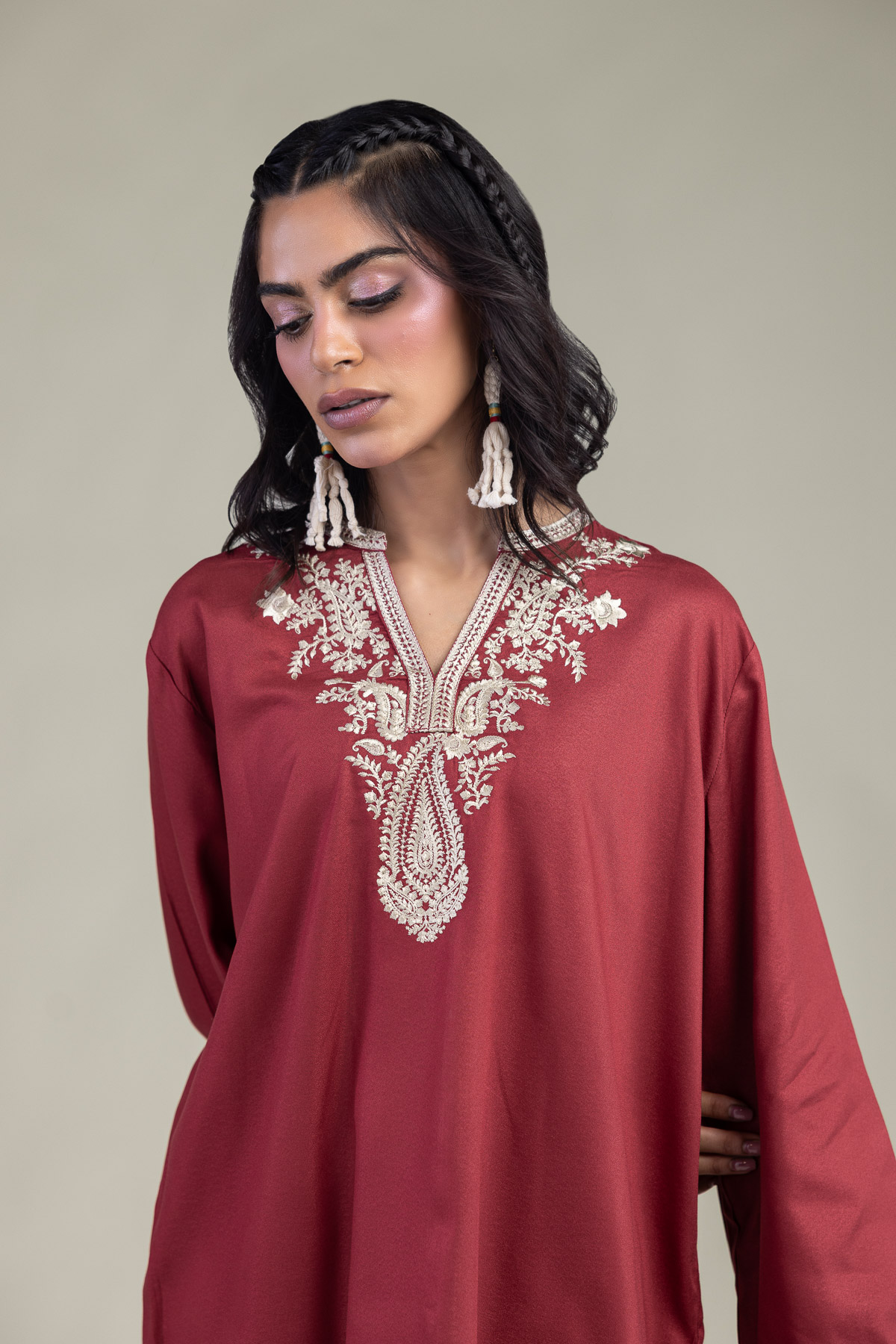 Embroidered Viscose Crepe Viscose V-Neck Tunic - 1-26-229-B-F1-VG