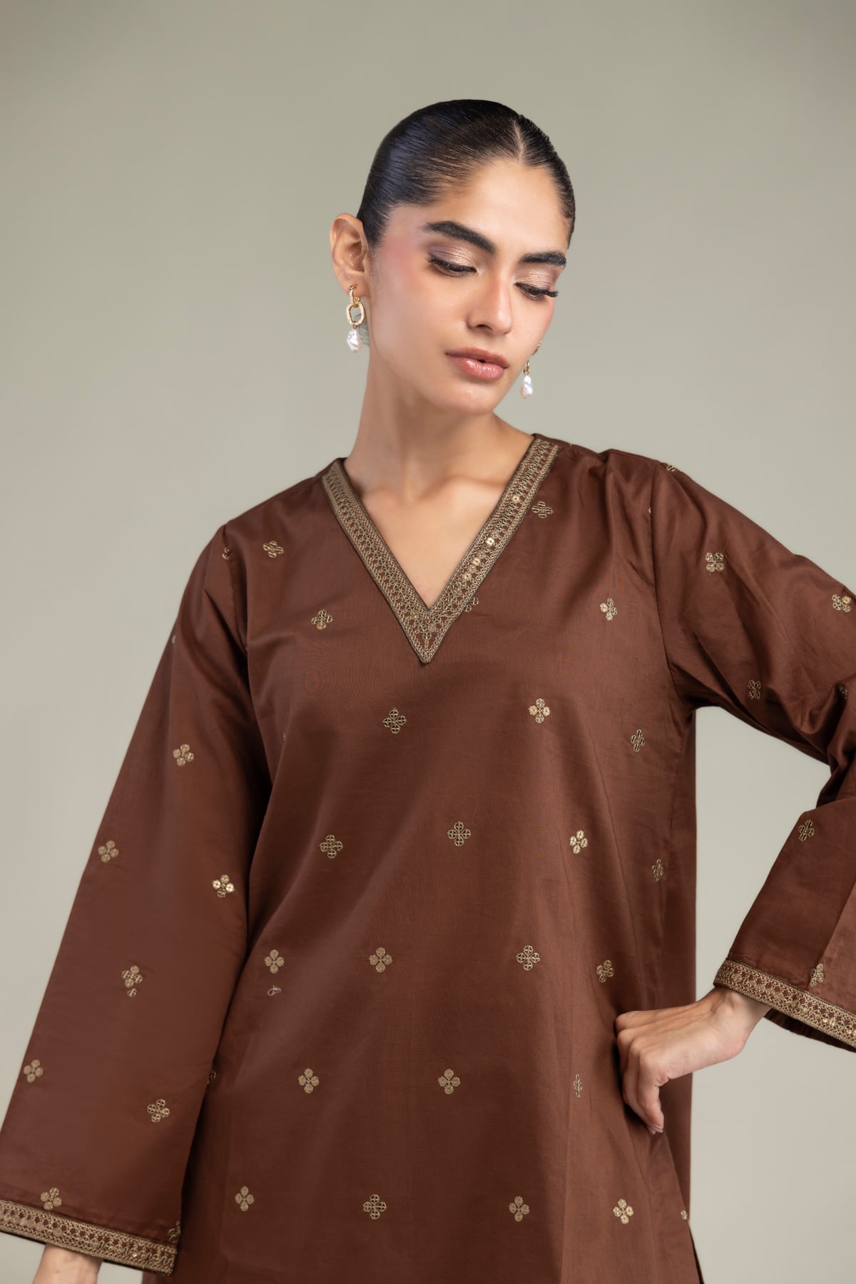 Embroidered Cambric Brown V-Neck Kurta - 1-26-102-A-F-VG