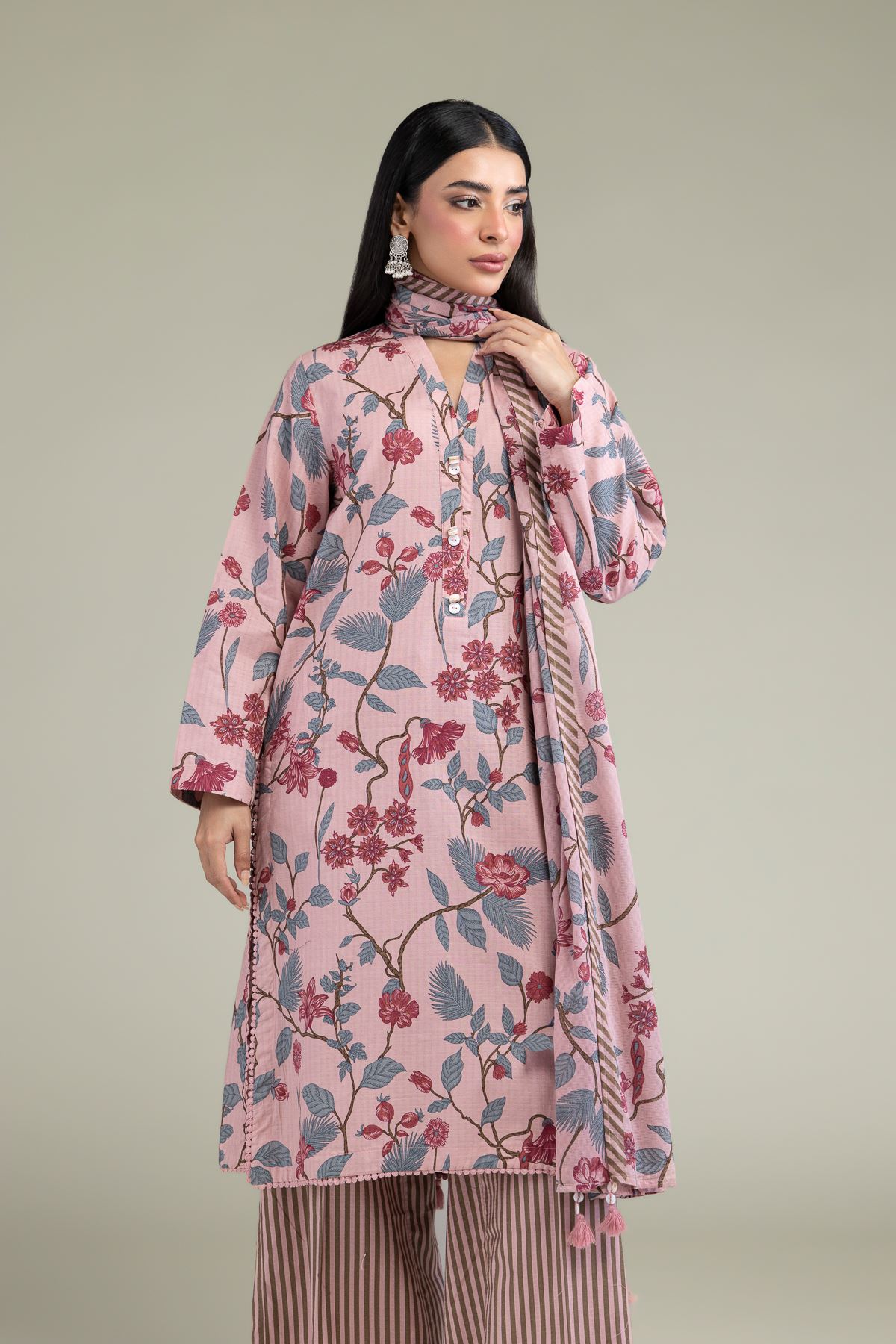 Printed Cotton Dobby Floral Longline Kurta - 1-26-211-A-F1-VG
