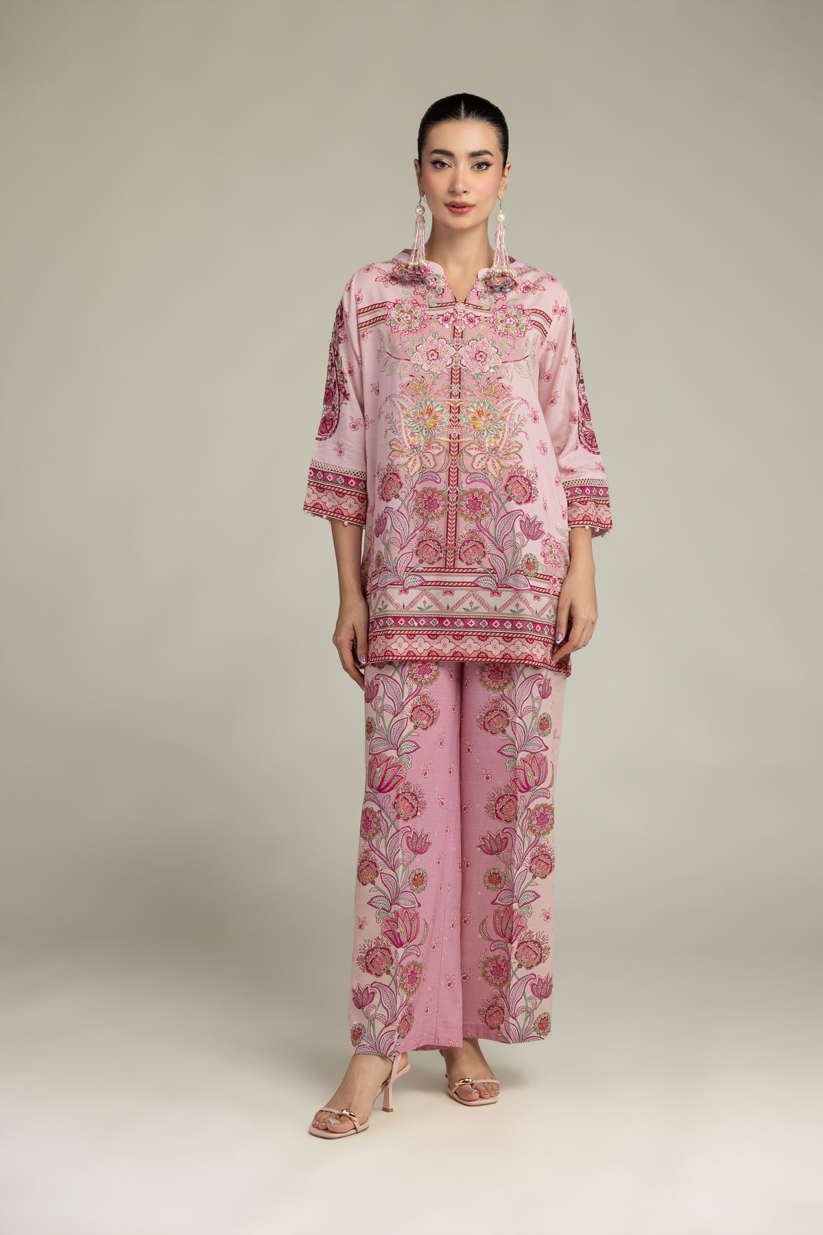 Embroidered Raw Silk Floral Pink Pants - 2-26-212-A-F1-VG
