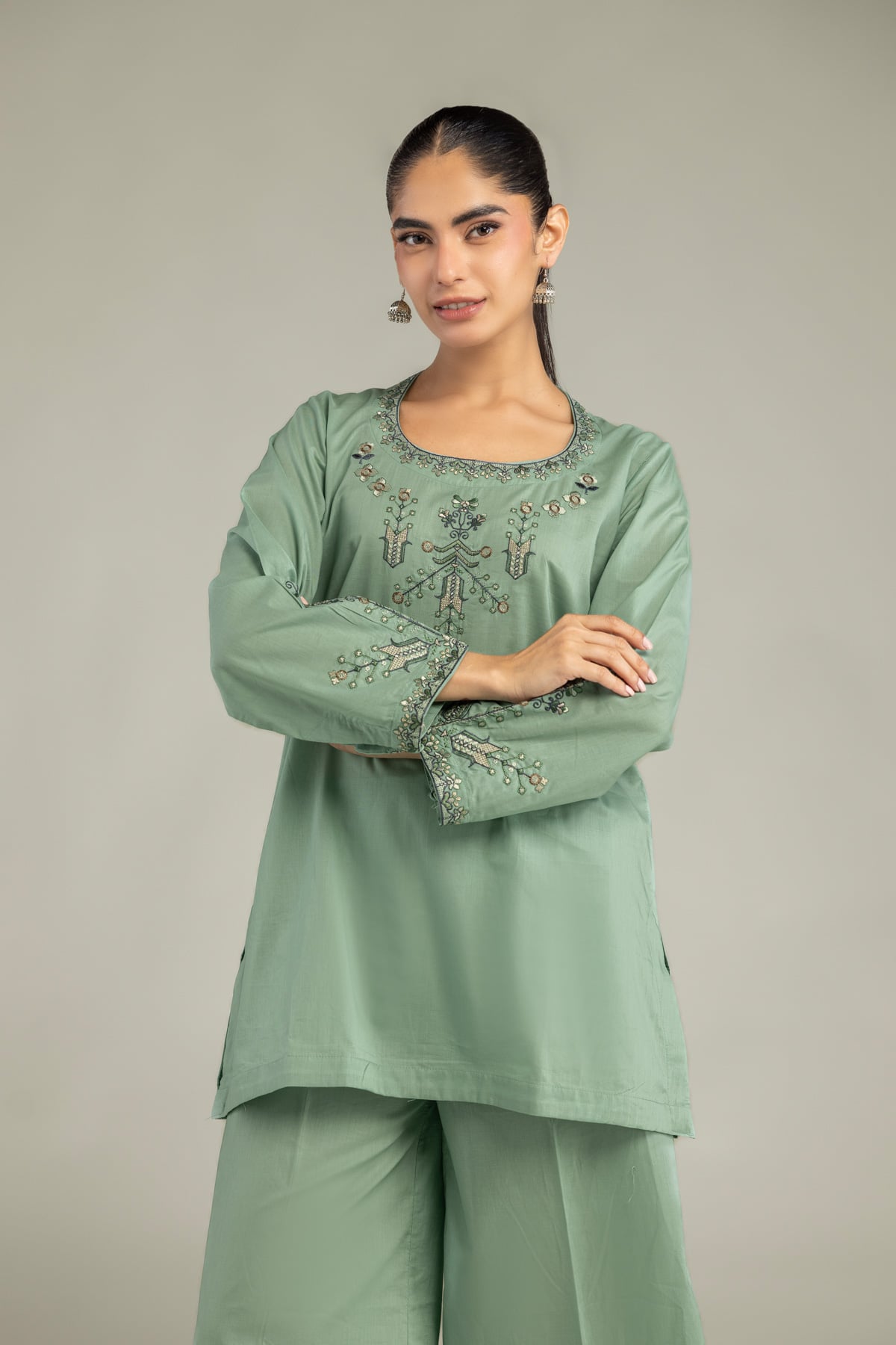 Embroidered Cambric Green Cambric Kurta - 1-26-102-A-F-VG