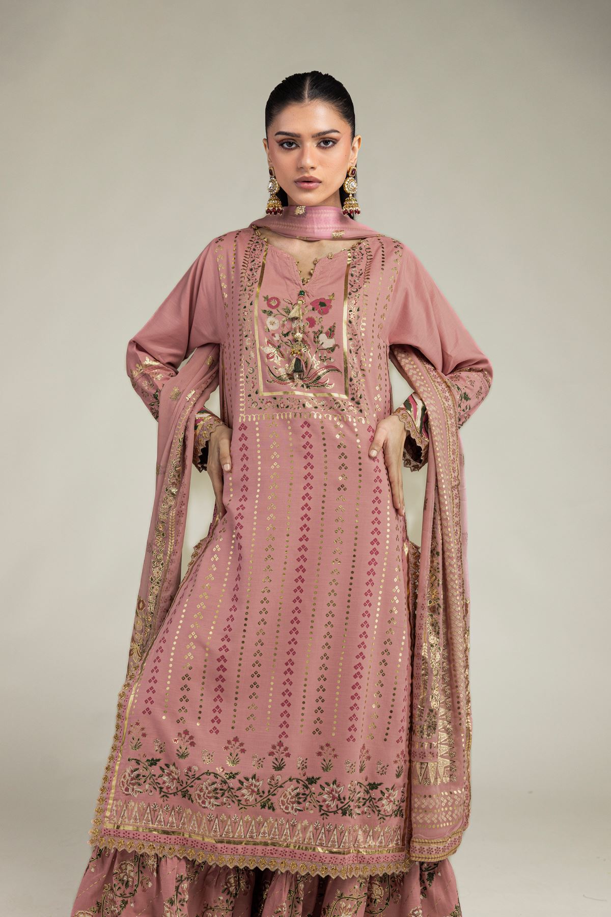 Embroidered Raw Silk 3-Piece Co-ords Set - 8-26-206-A-B1-VG