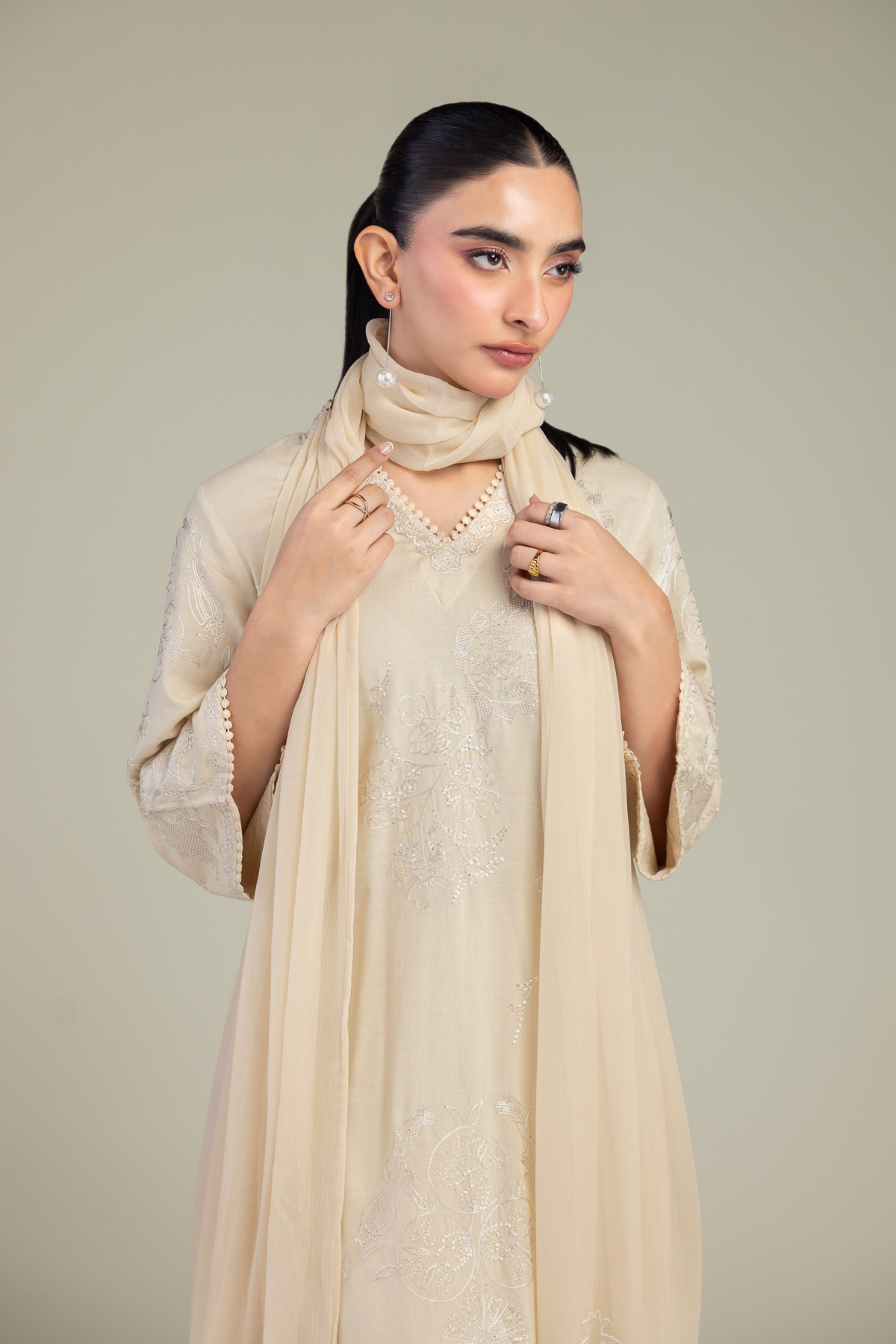 Embroidered Chiffon Beige Floral Dupatta - 1-26-102-A-F-VG