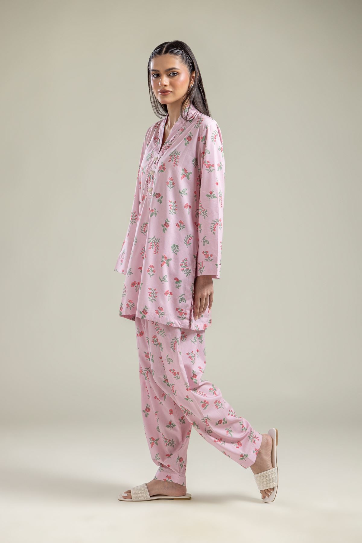 Printed Cotton Viscose Pink Floral Shalwar - 1-26-135-A-E-VG