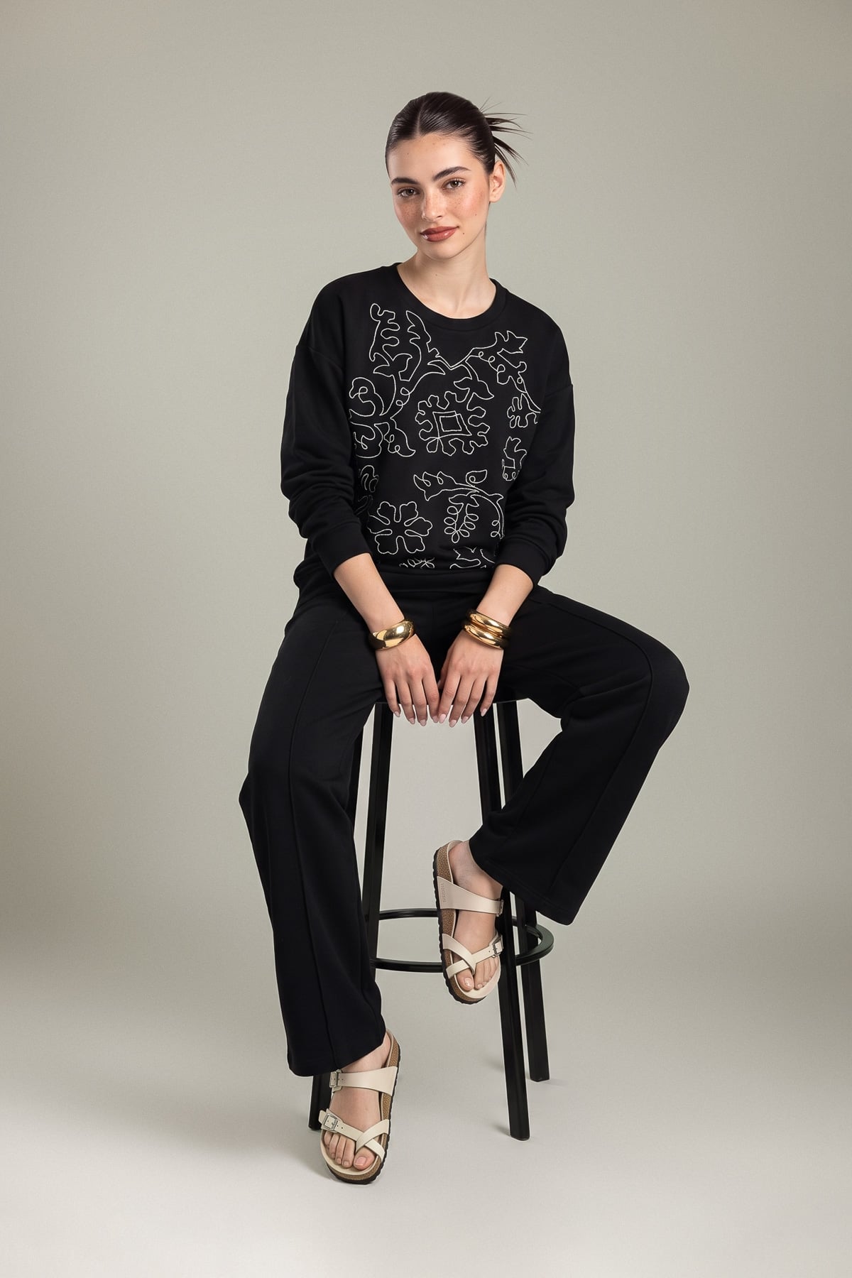 Embroidered Double Jersey Black Floral Sweatshirt - 2-26-202-A-D-VG