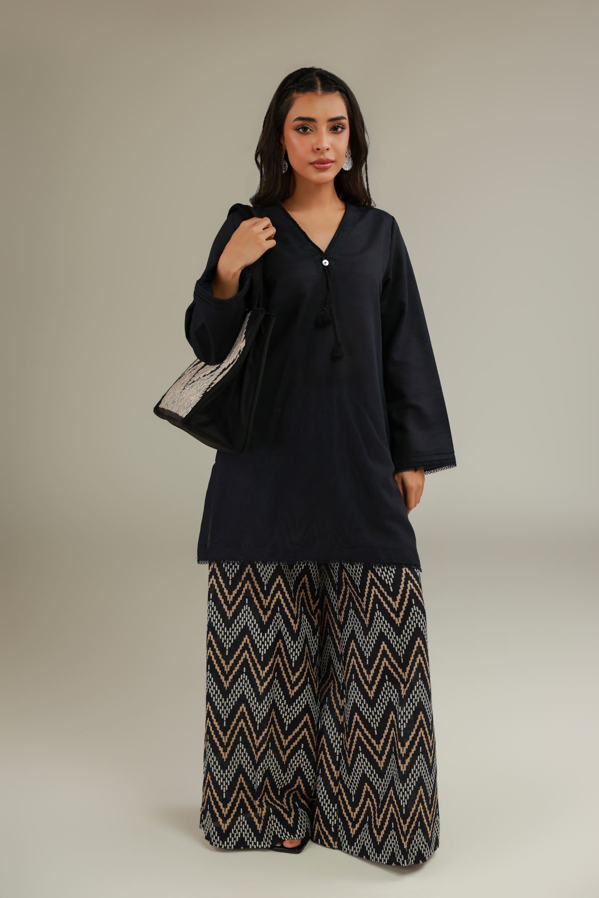 Printed Textured Cotton V-Neck Cotton Kurta - 1-26-108-A-F-VG