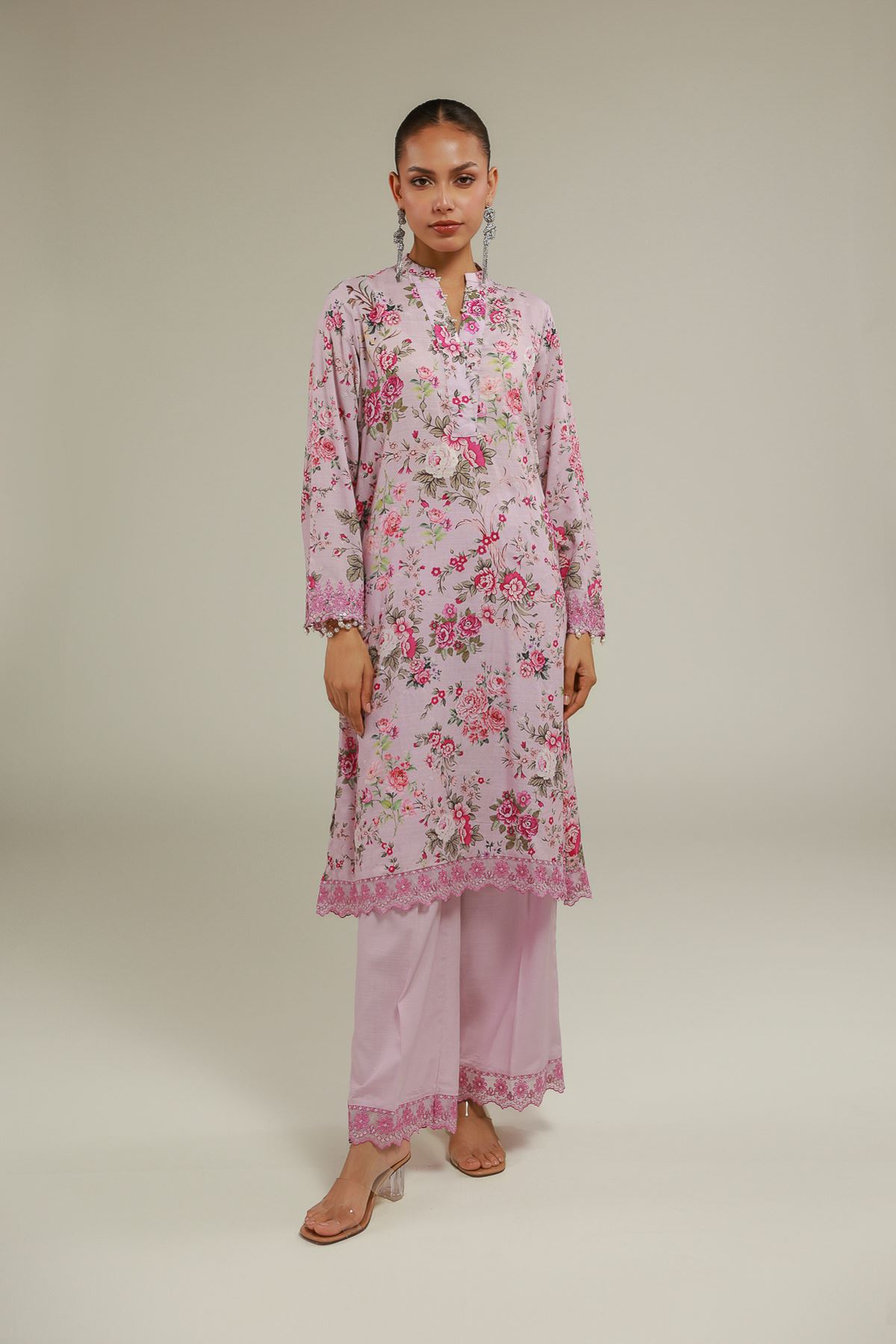 Embroidered Raw Silk Floral Longline Kurta - 2-26-101-A-B-VG